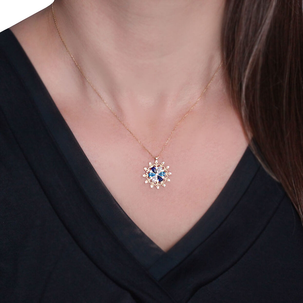 Mavi Damla Taşlı Altın Kar Tanesi Kolye (KLY0349)