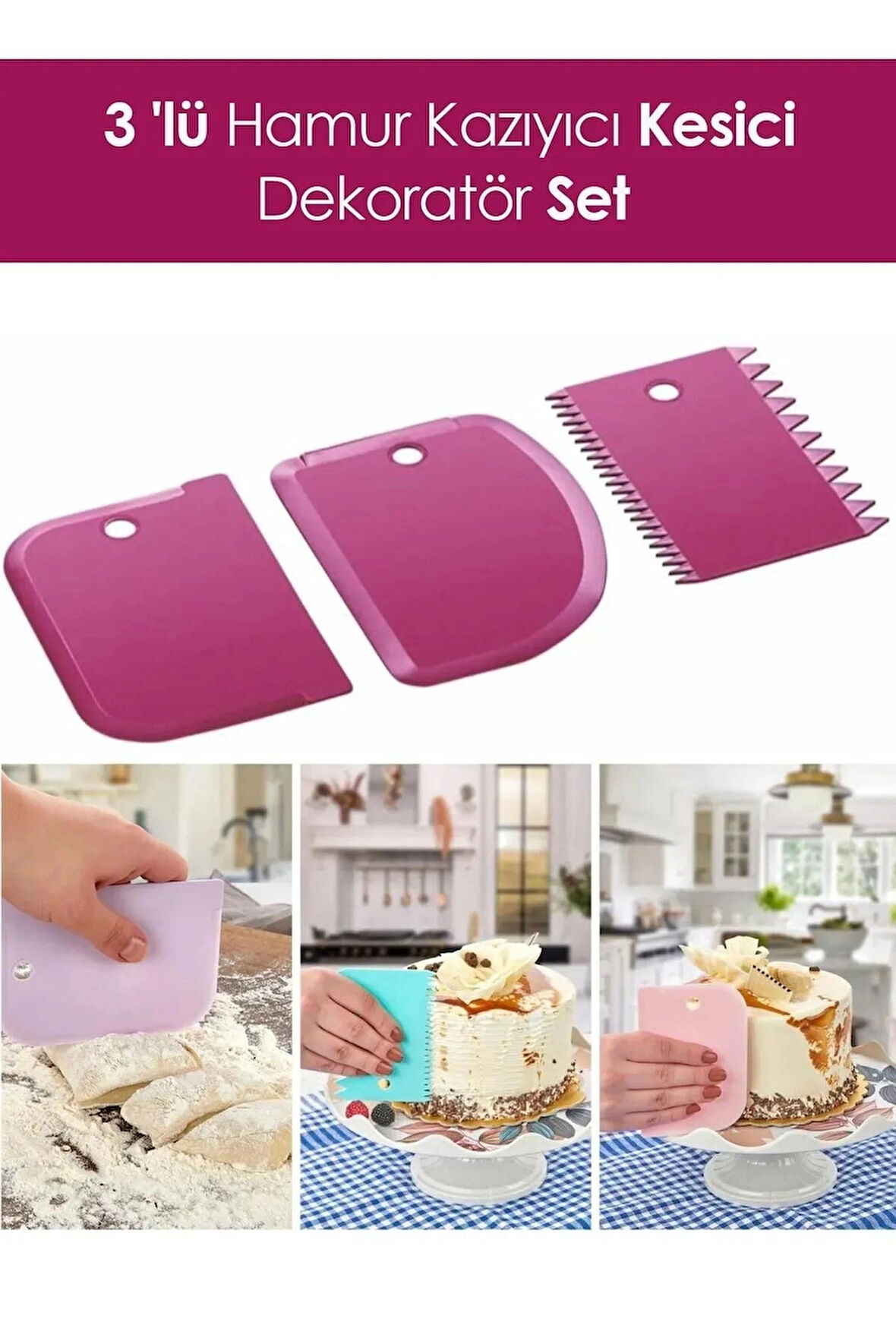 3 Parça Plastik Pasta Hamur Krema Şekillendirici Kesici Kazıyıcı Dekoratör Spatula Set 