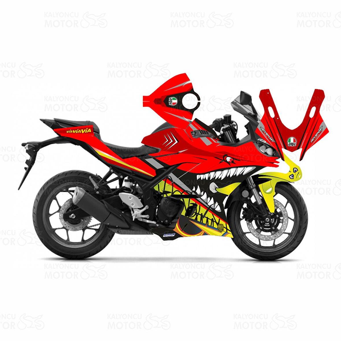 Yamaha R25 2019 Rossi Shark Design Kırmızı Sticker Set