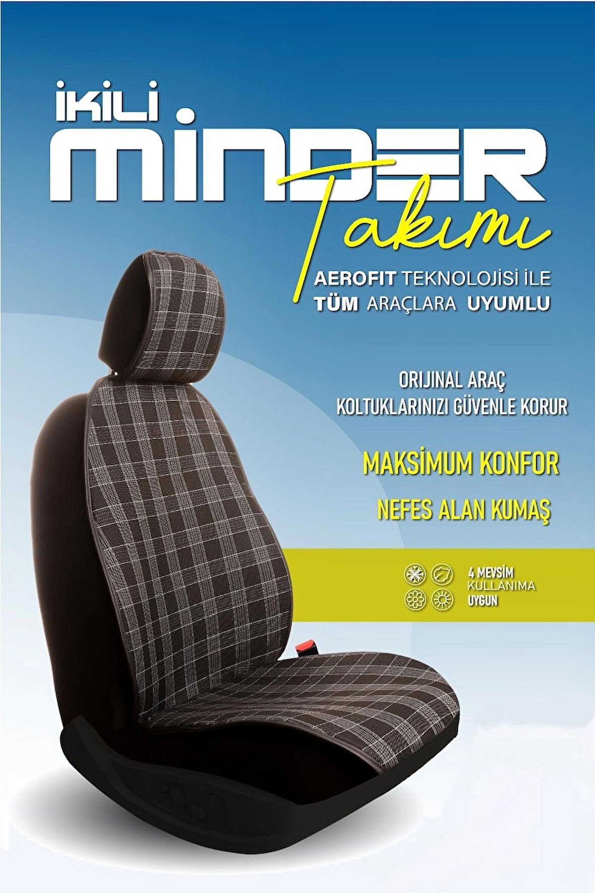 Seat Inca Uyumlu Lüx Oto Koltuk Minderi Ön 2'li Set Ekose Desenli Siyah