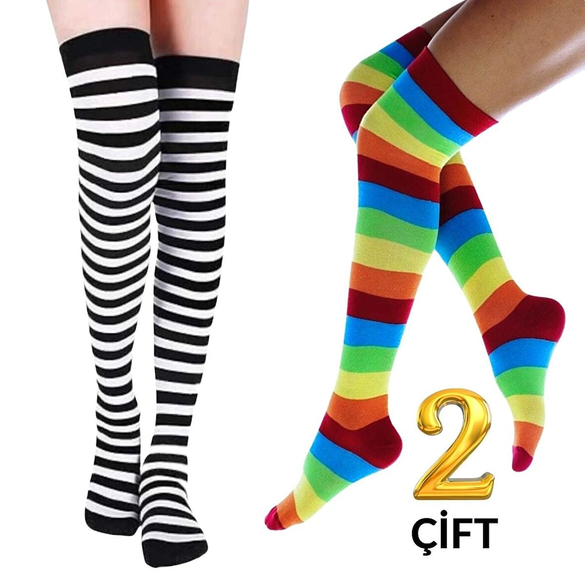 KRAL SOCKS Kadın Dizüstü Çorap (2 Çift) Günlük Düz Çizgili Pamuklu Diz Üstü Siyah Çorap Yeni Trend