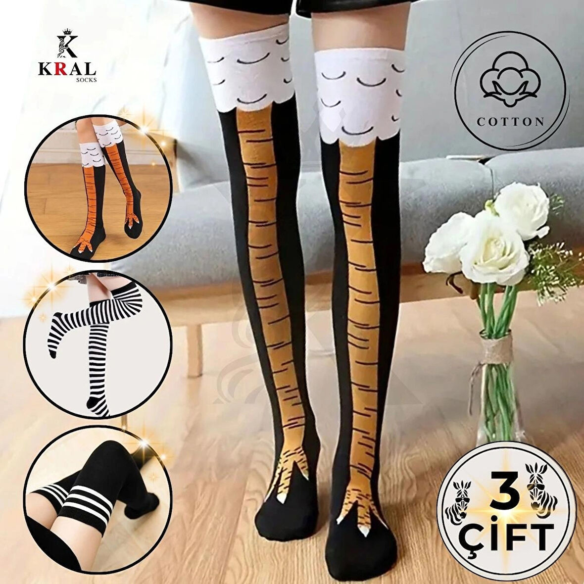 KRAL SOCKS Kadın Dizüstü Çorap (3 Çift) Günlük Düz Çizgili Pamuklu Diz Üstü Siyah Çorap Yeni Trend