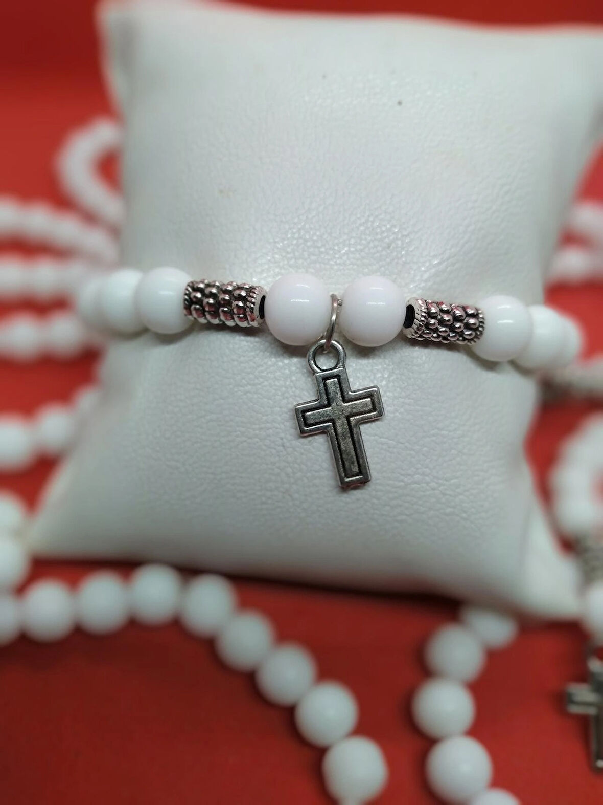 MryART Doğal Taş Beyaz Boncuk ve Hac Temalı Bileklik