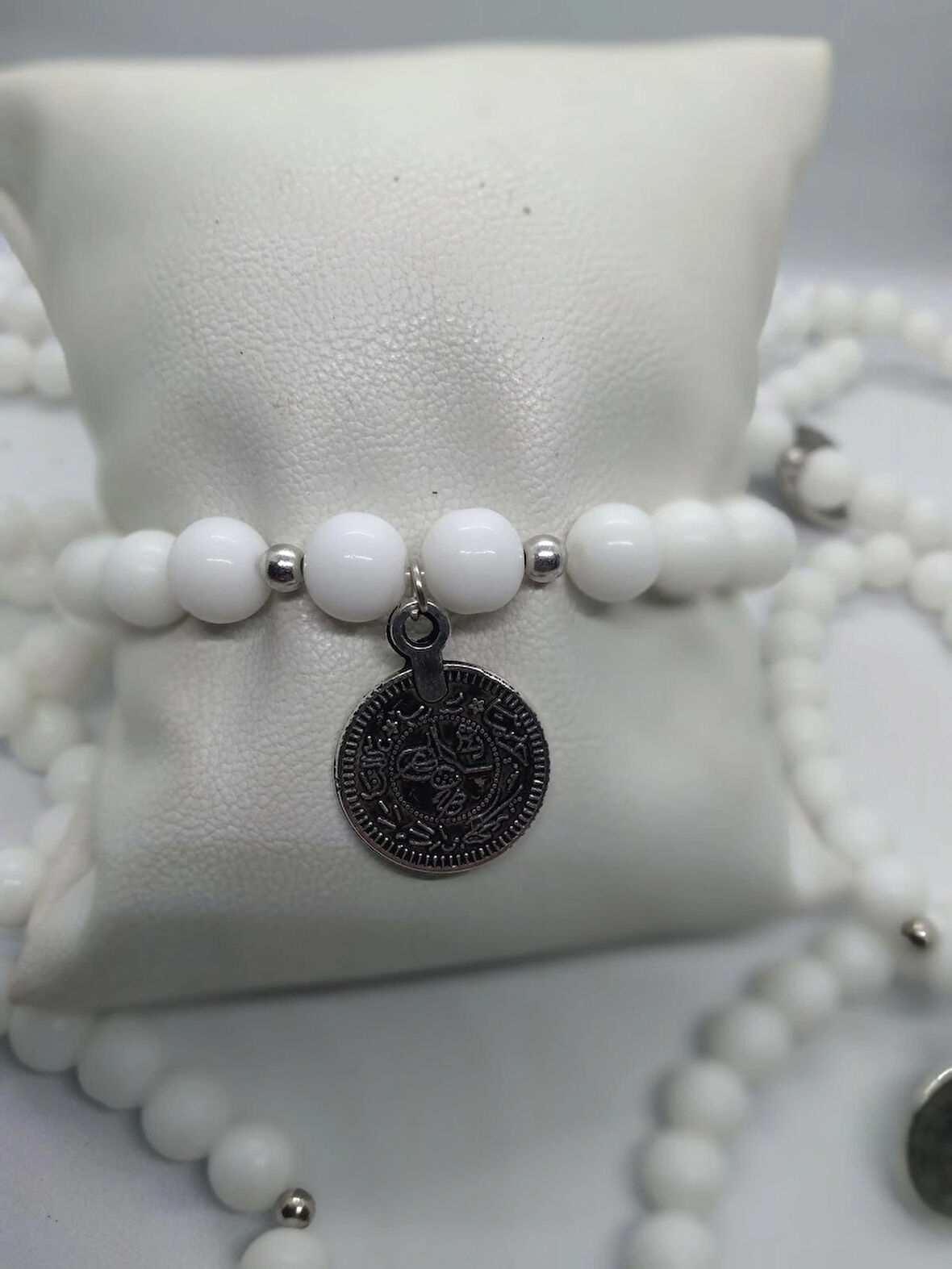MRYart Beyaz Doğal Taş ve Metal Osmanlı Tuğralı Bileklik Unisex