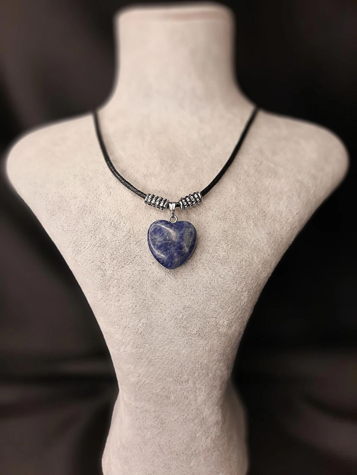 MRYart Lacivert Kalp Taşlı Deri İpli Kolye Unisex Şık Takı