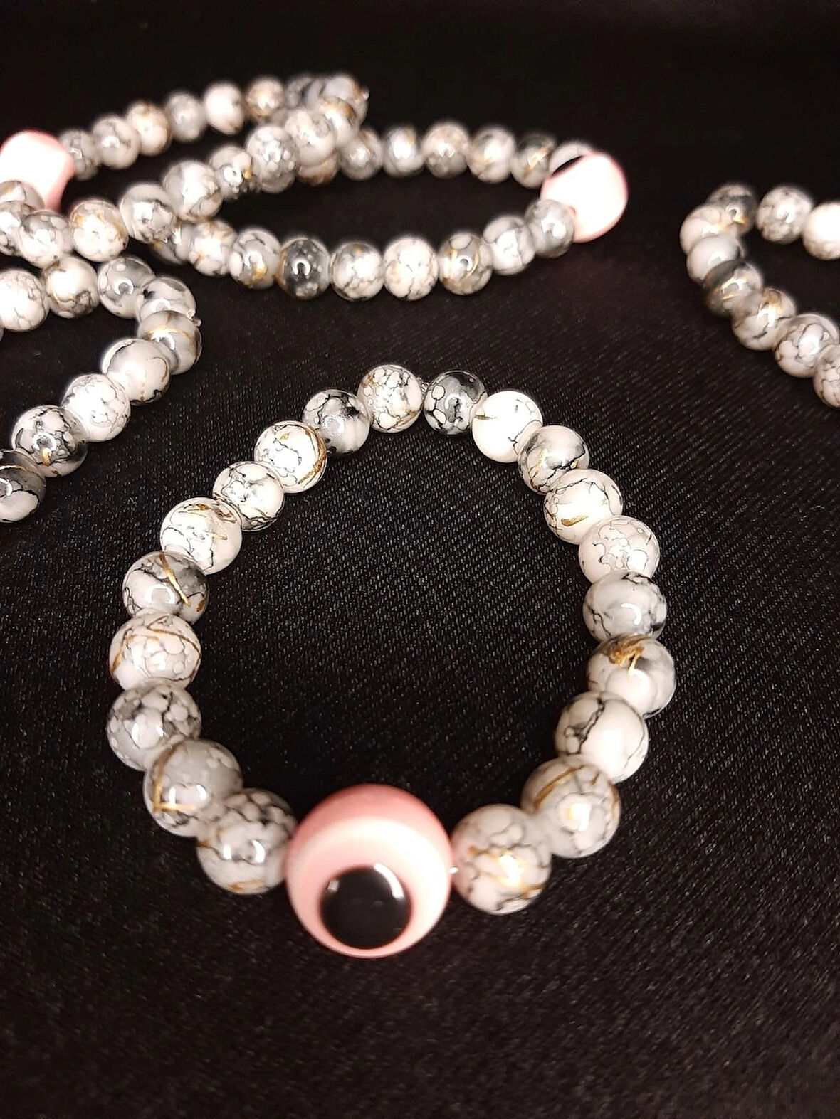 MRYart Doğal Taşlı Nazar Boncuklu Bileklik Mermer Desenli El Yapımı Bileklik