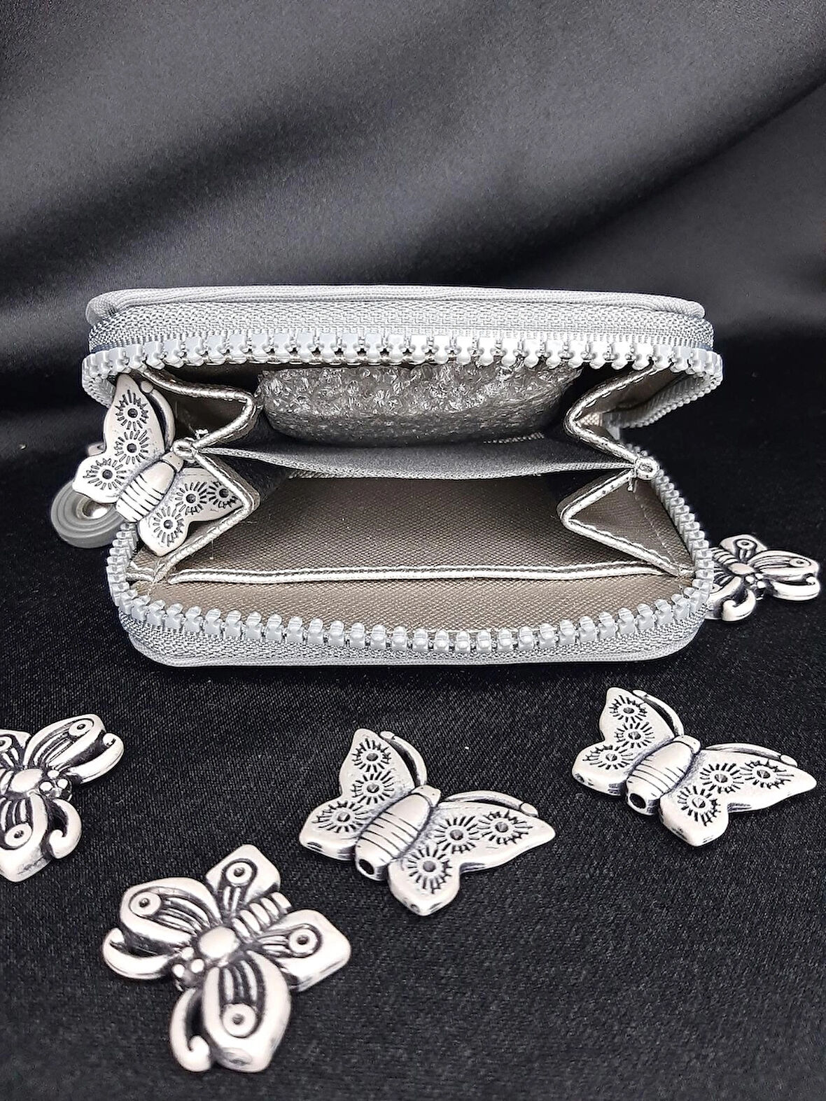 MRYart Gri Mini Cüzdan – Fermuarlı, Kumaş Kartlık & Bozuk Para Cüzdanı