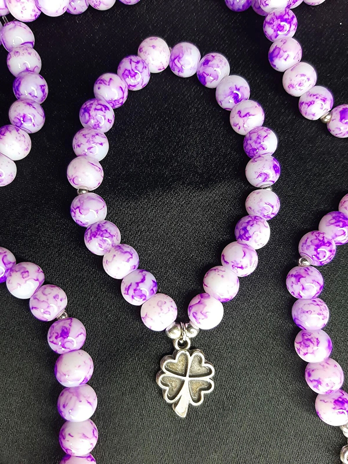 MRYart Mor Mermer Desenli Boncuklu Dört Yapraklı Yonca Bileklik