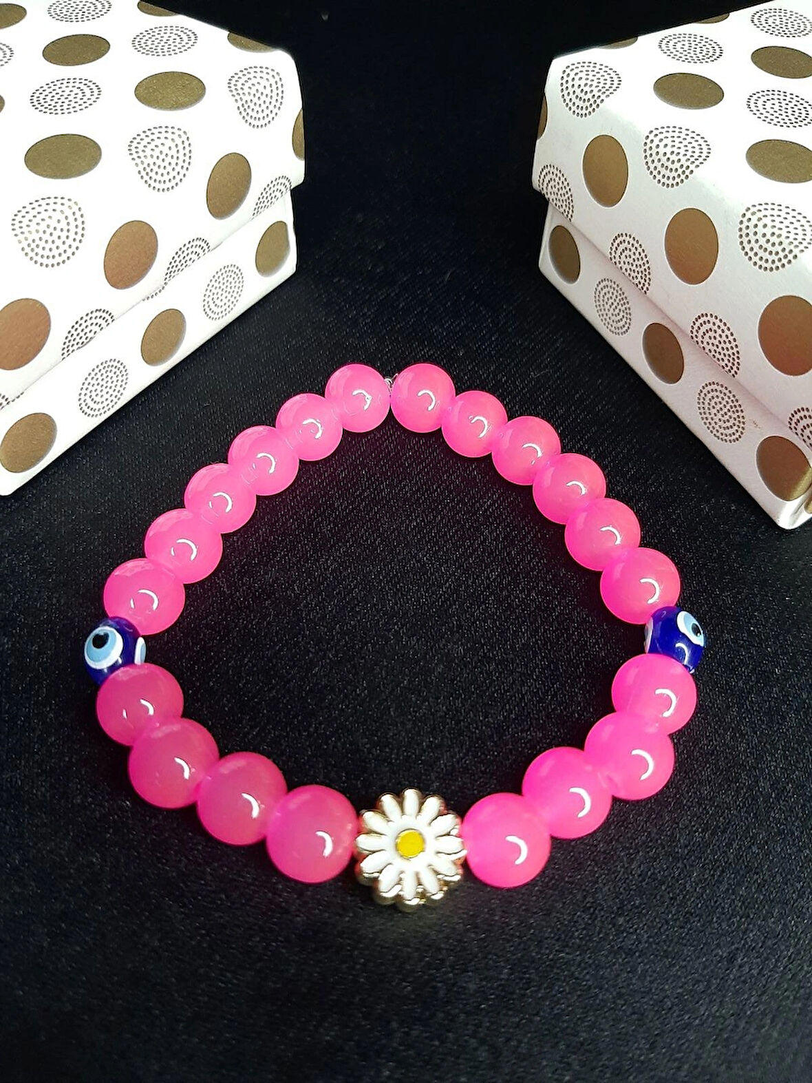 MRYart Pembe Boncuklu Elastik Nazar Boncuklu Bileklik