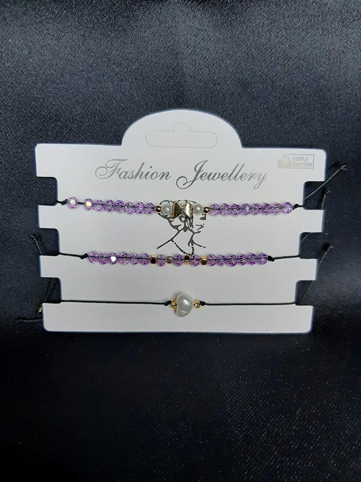 MRYart 3’lü Mor Boncuklu ve İnci Detaylı Ayarlanabilir Bileklik Seti
