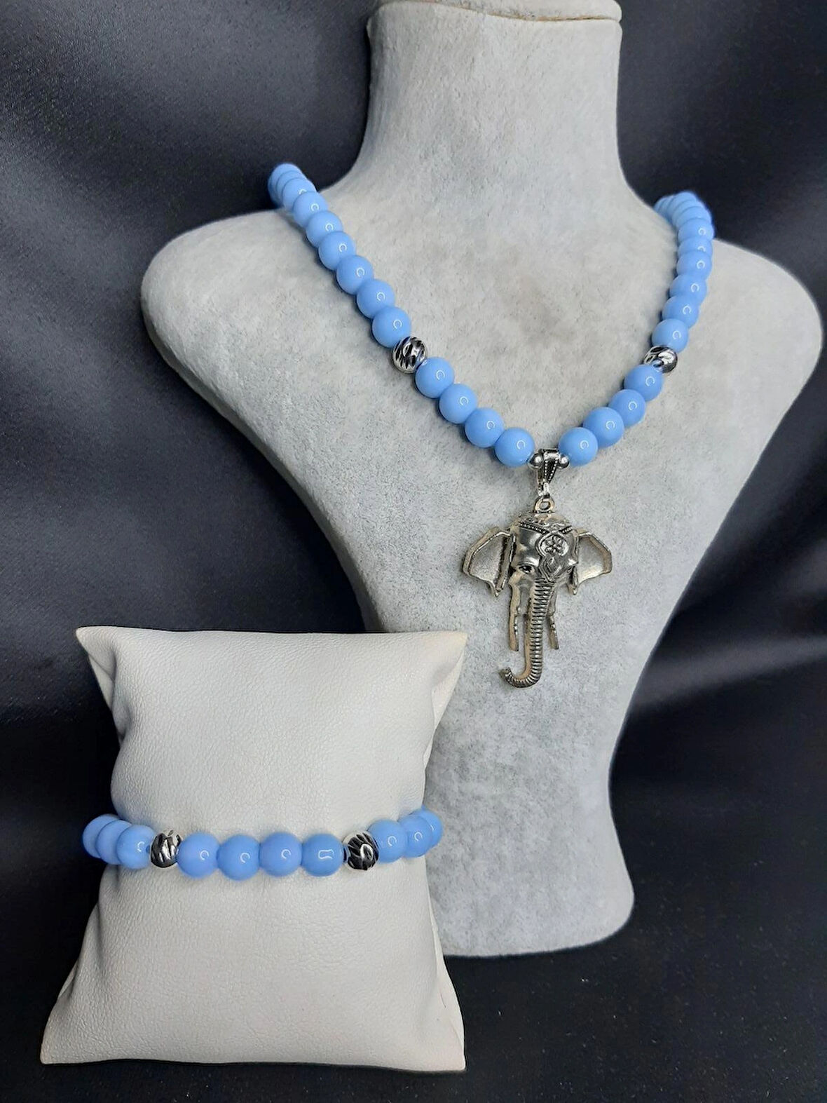 MRYart Mavi Cam Boncuk Tasarımı Kolye ve Bileklik Seti