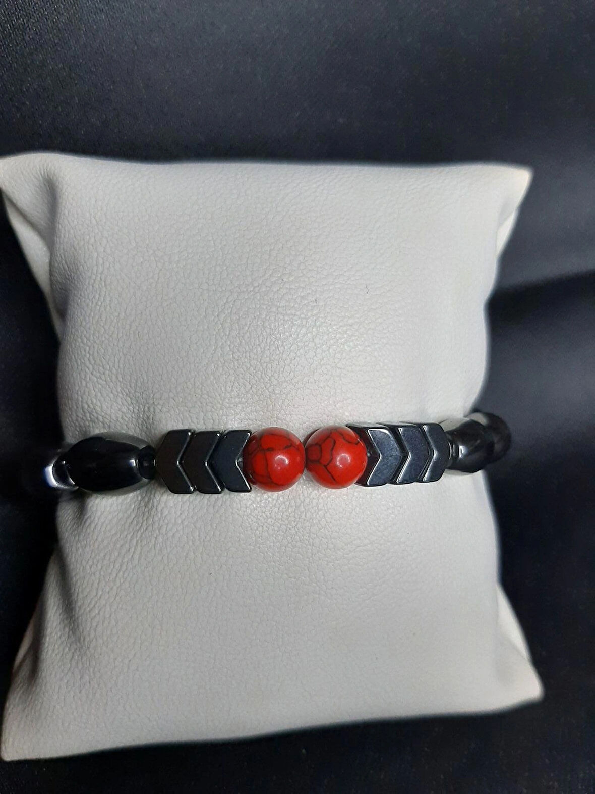 MRYart Kırmızı Akik Taşı ve Metalik Füme Oniks Taşlı Unisex Bileklik