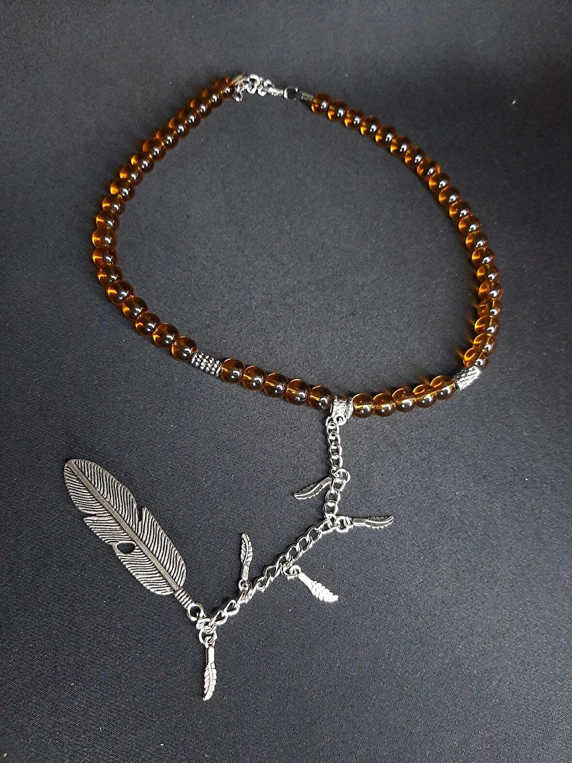 MRYart Saydam Cam Boncuklu ve Metal Detaylı Y Kolye