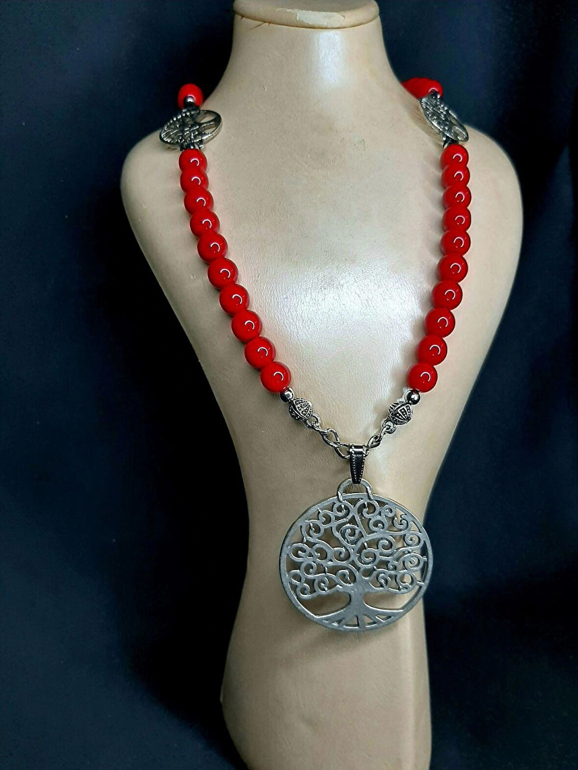 MRYart Kırmızı Cam Boncuk Kolye Hayat Ağacı Detaylı