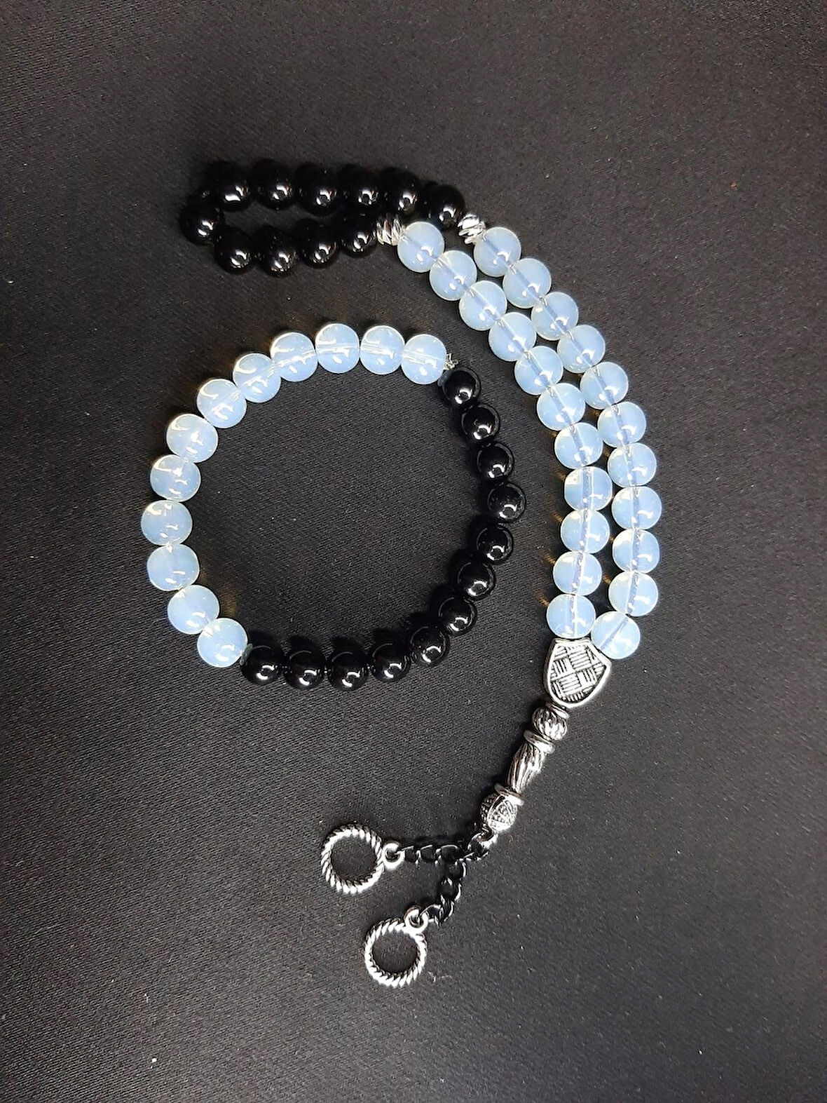 MRYart Beyaz Saydam ve Siyah Cam Boncuk Tesbih ve Bileklik Set