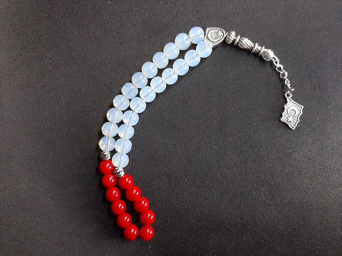 MRYart Saydam Beyaz ve Kırmızı Cam Boncuk Tesbih 33 lük