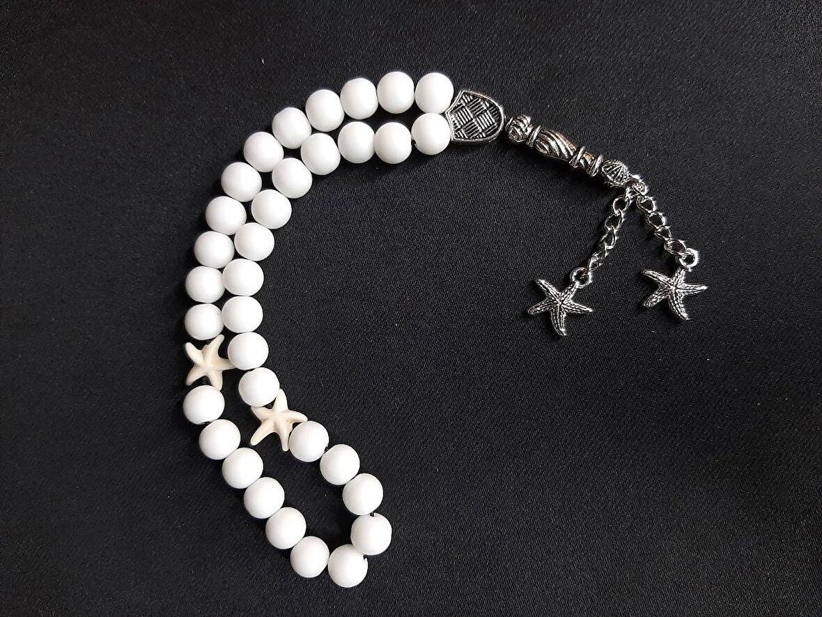 MRYart Beyaz Yıldız ve Metal Yıldız Detaylı Taş Boncuk Tarz Tesbih