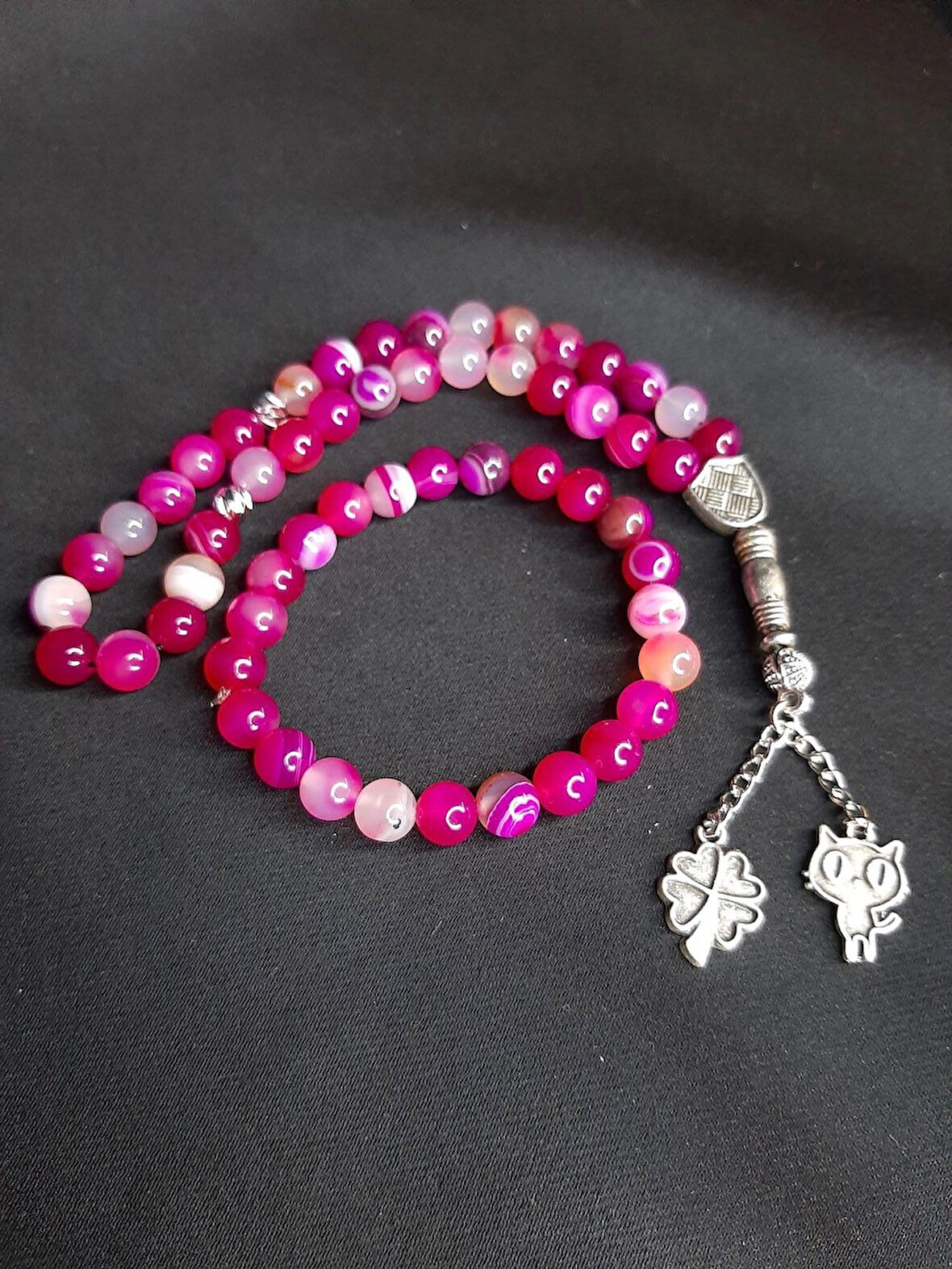 MRYart Pembe Doğal Akik Taşı Tesbih ve Bileklik Set