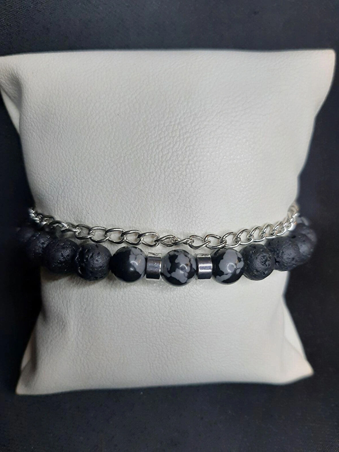 MRYart Siyah Lav Taşı ve Füme Akik Taşlı Zincir Detaylı Ayarlanabilir Şık Bileklik