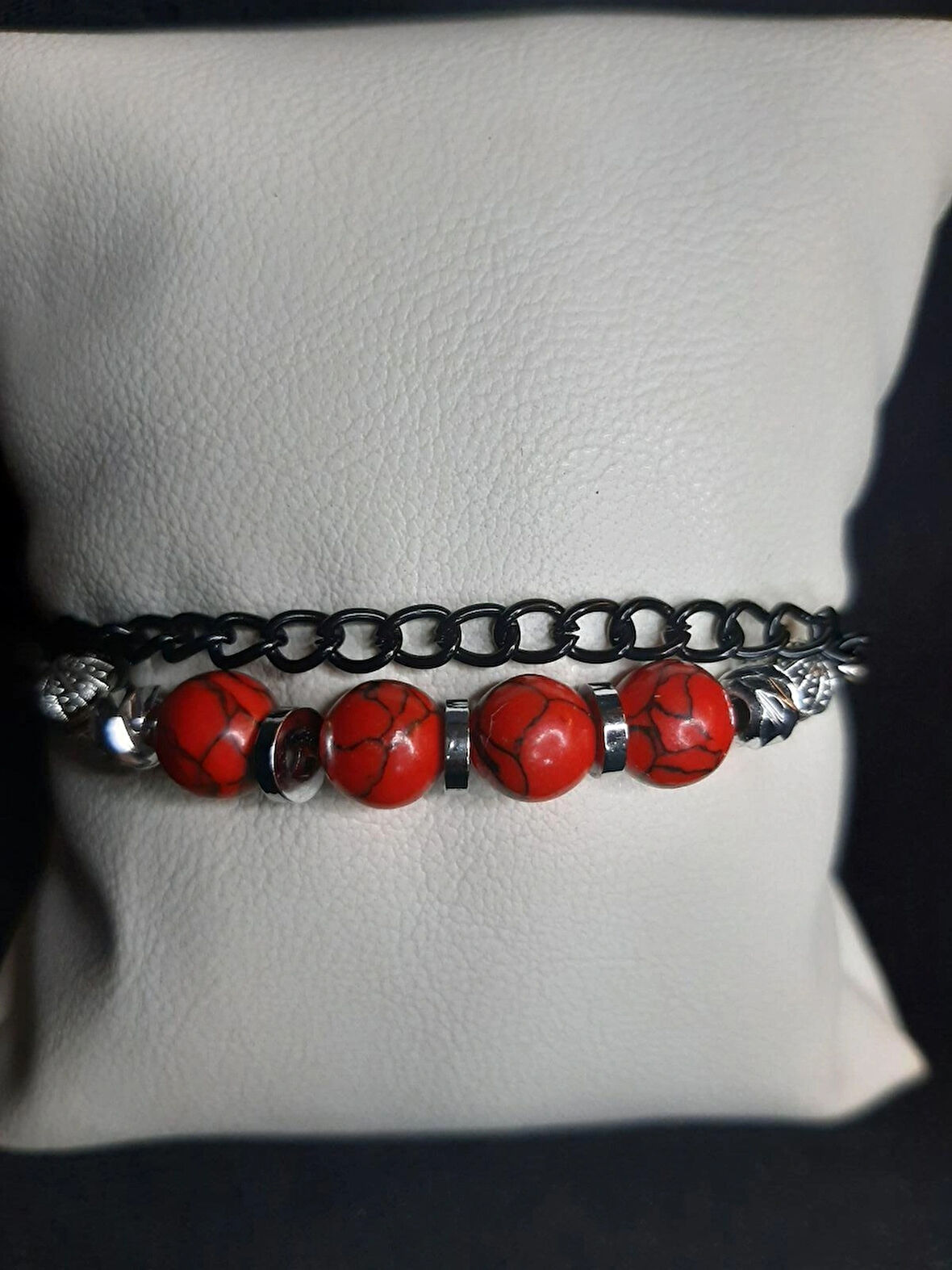 MRYart Kırmızı Havlit Taşı ve Metal Zincirlerden Tasarlanmış Ayarlanabilir Bileklik