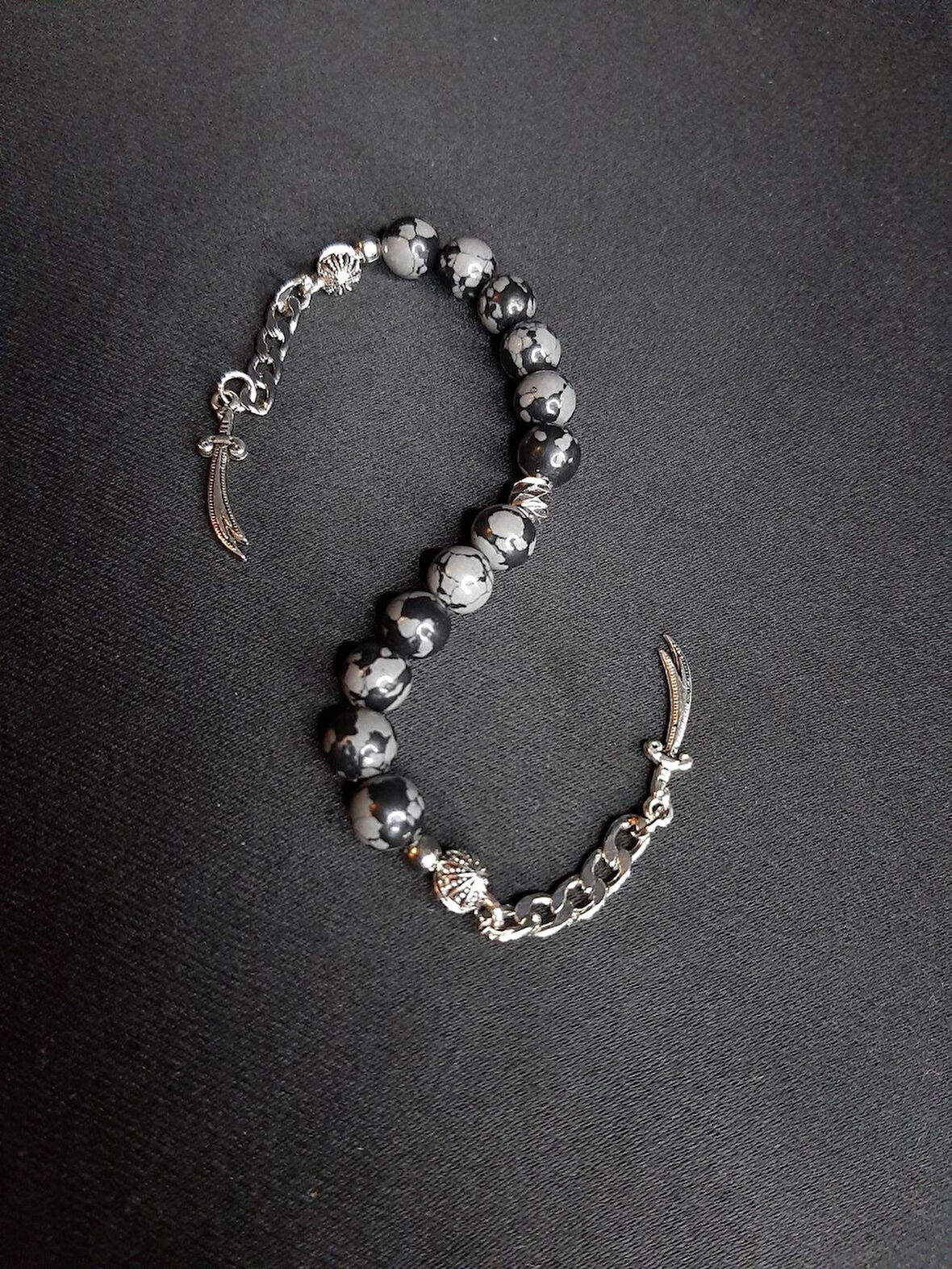 MRYart Füme Gri Labrovit Taşı ve Zülfikar Kılıç Detaylı Doğaltaş Zaza Tesbih