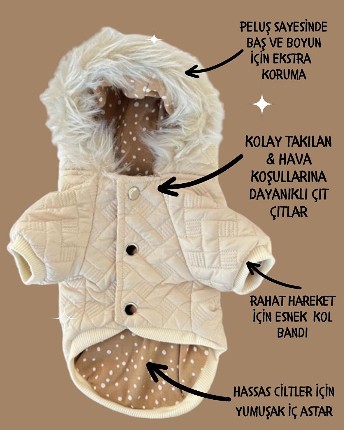 Cream Comfy Köpek Montu, Köpek Ceketi, Köpek Dış Giyim
