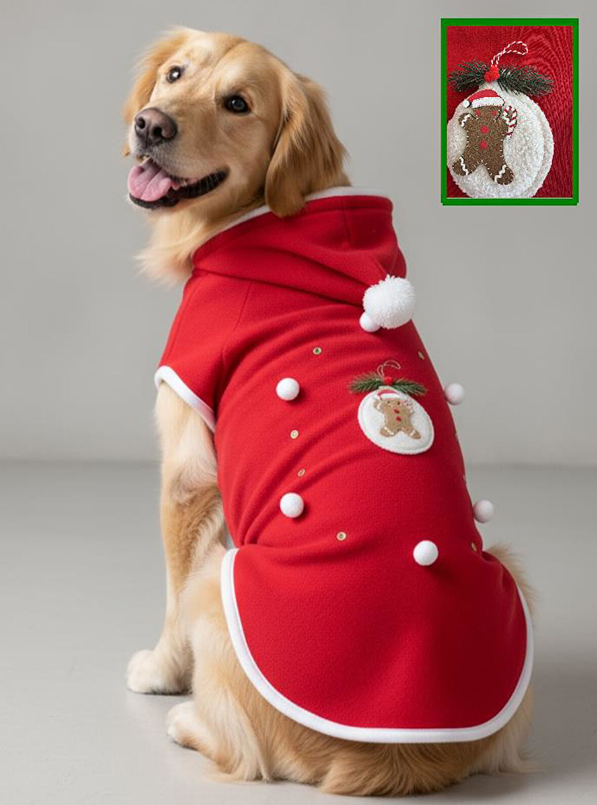 Kurabiye Adam Yılbaşı Köpek Kıyafeti | Noel Baba Kapüşonlu Polar Sweatshirt | Orta ve Büyük Irklar İçin