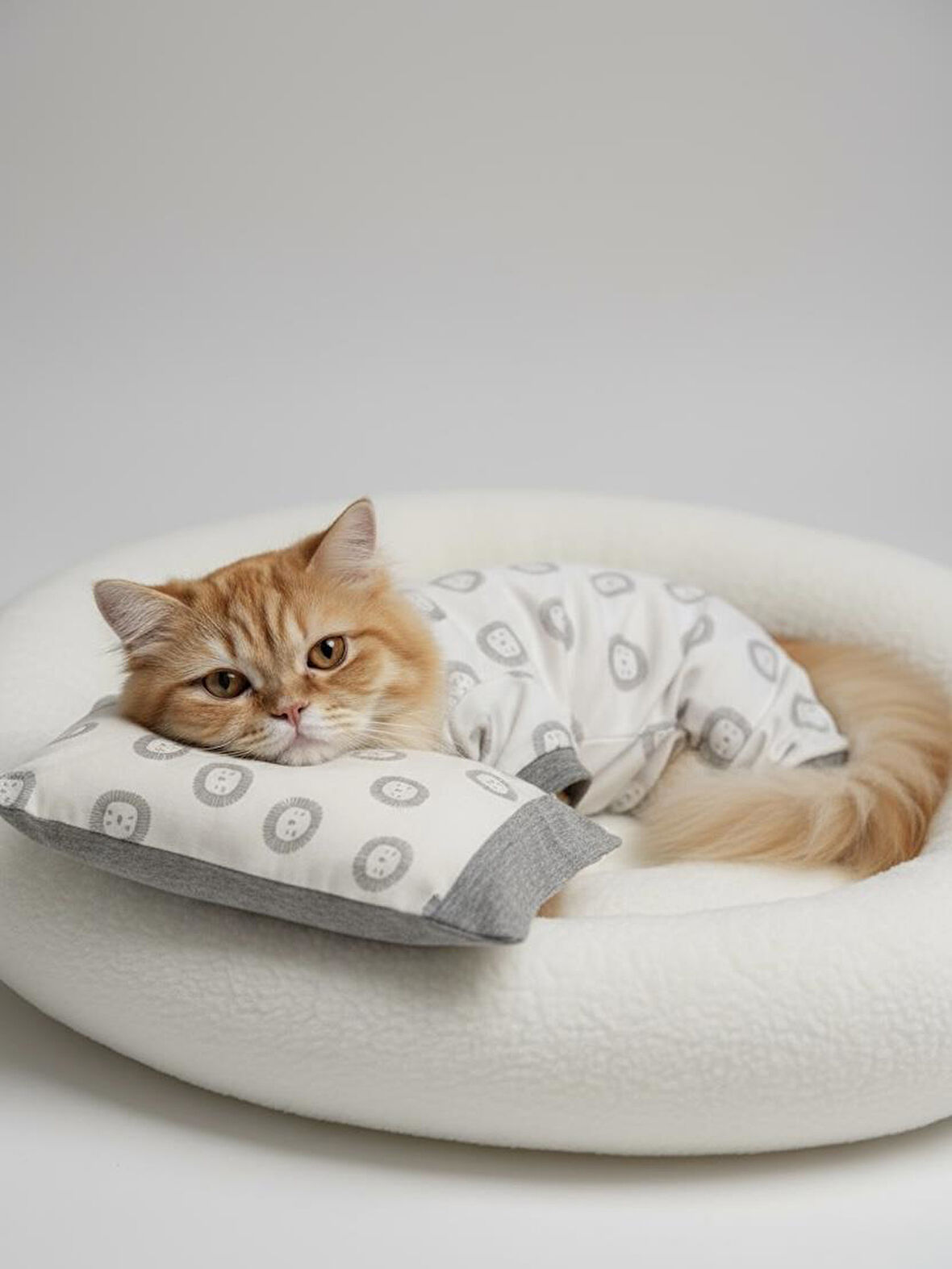 Soft Lion Kedi Uyku Seti | Penye Kedi Tulum ve Mini Yastık Takımı | Pamuklu | Tüy Dökülmesini Azaltır | 