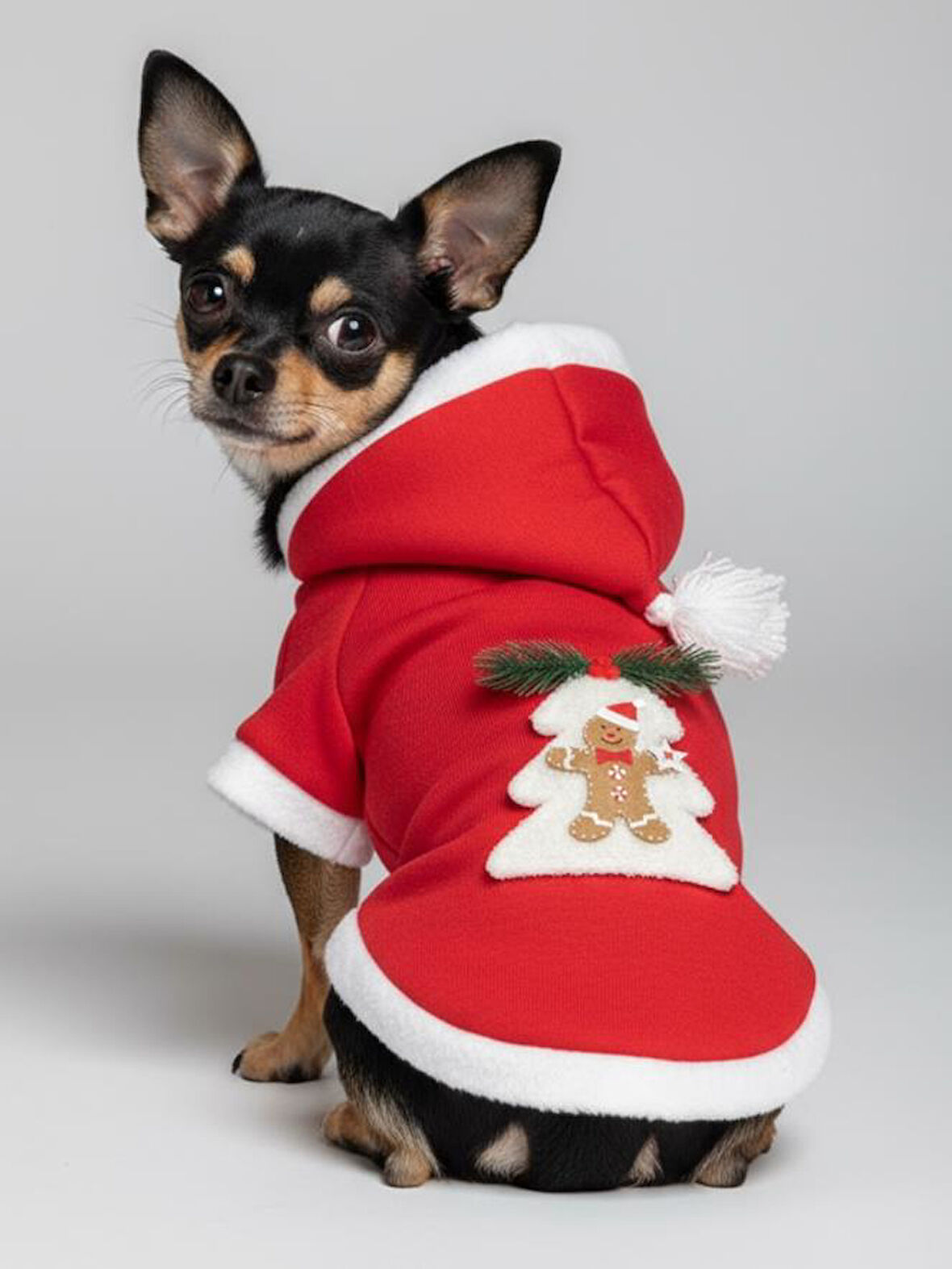 Yılbaşı Ağacı Kırmızı Polar Köpek Kıyafeti | Kapüşonlu Noel Köpek Sweatshirt | Küçük Irklar İçin