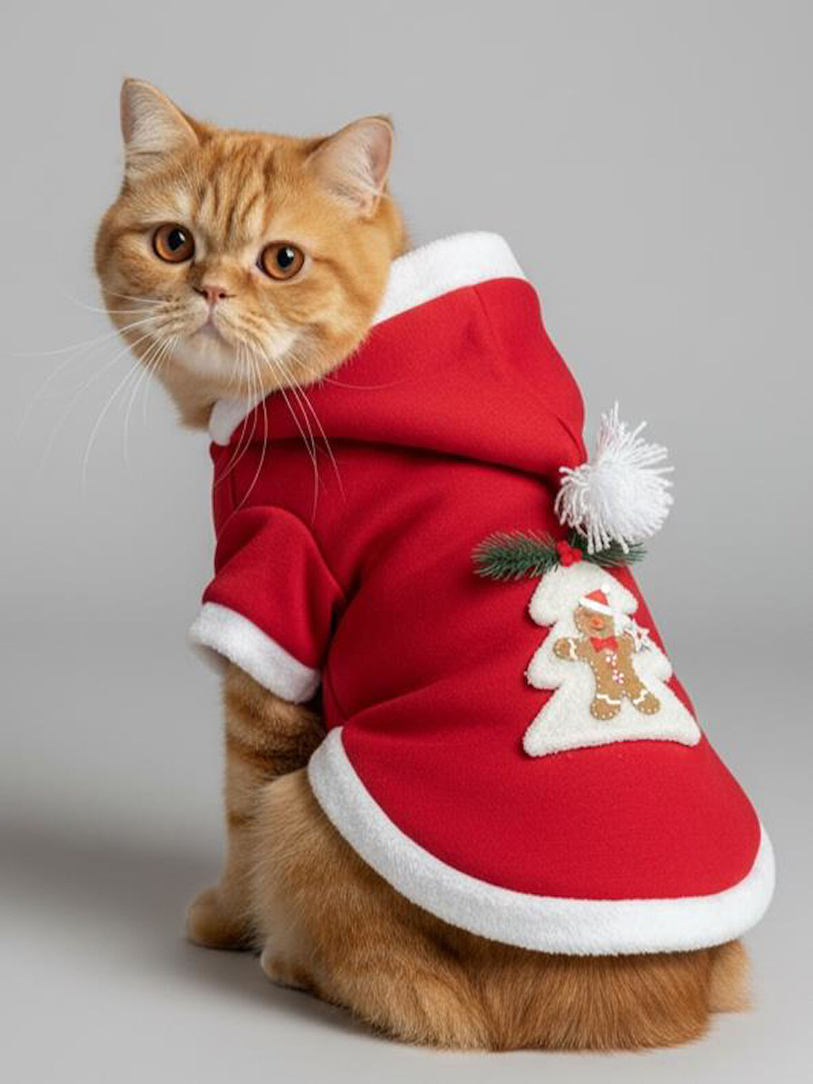 Yılbaşı Ağacı Kırmızı Polar Kedi Kıyafeti | Kapüşonlu Noel Kedi Sweatshirt | Küçük Irklar İçin