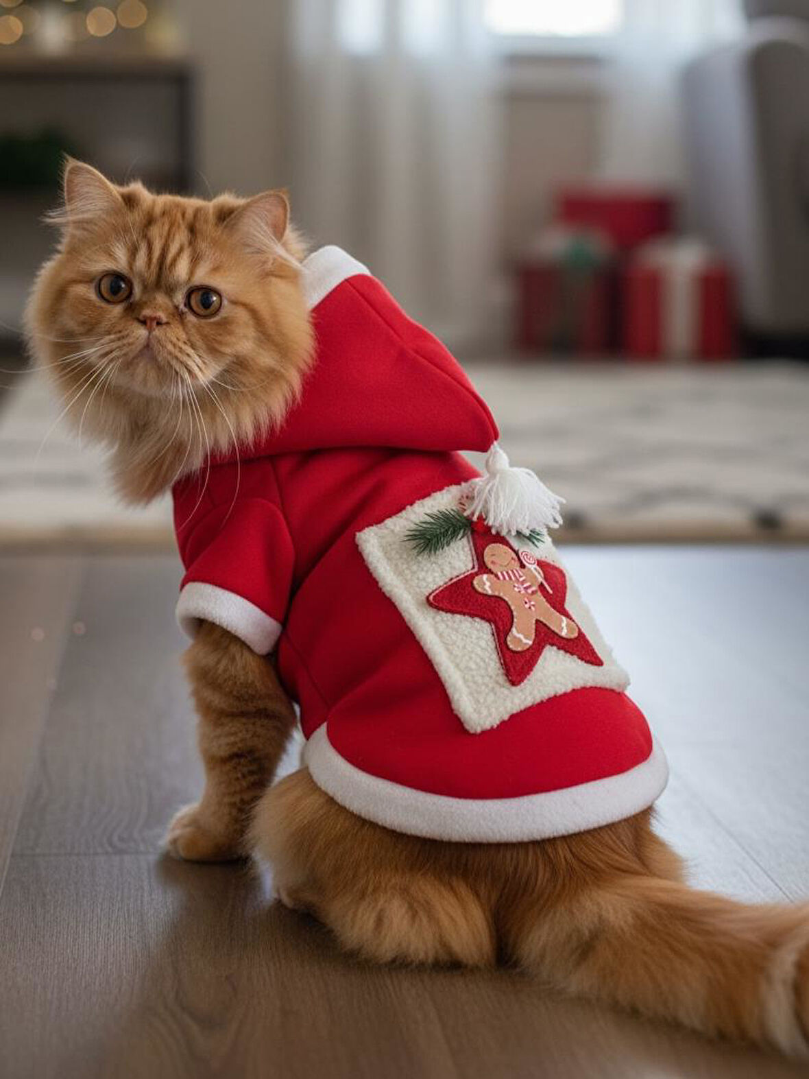 Yıldız Desenli Premium Yılbaşı Kedi Kıyafeti Yıldız Desenli Kırmızı Polar | Kapüşonlu Noel Kedi Kostümü | Kurabiye Temalı