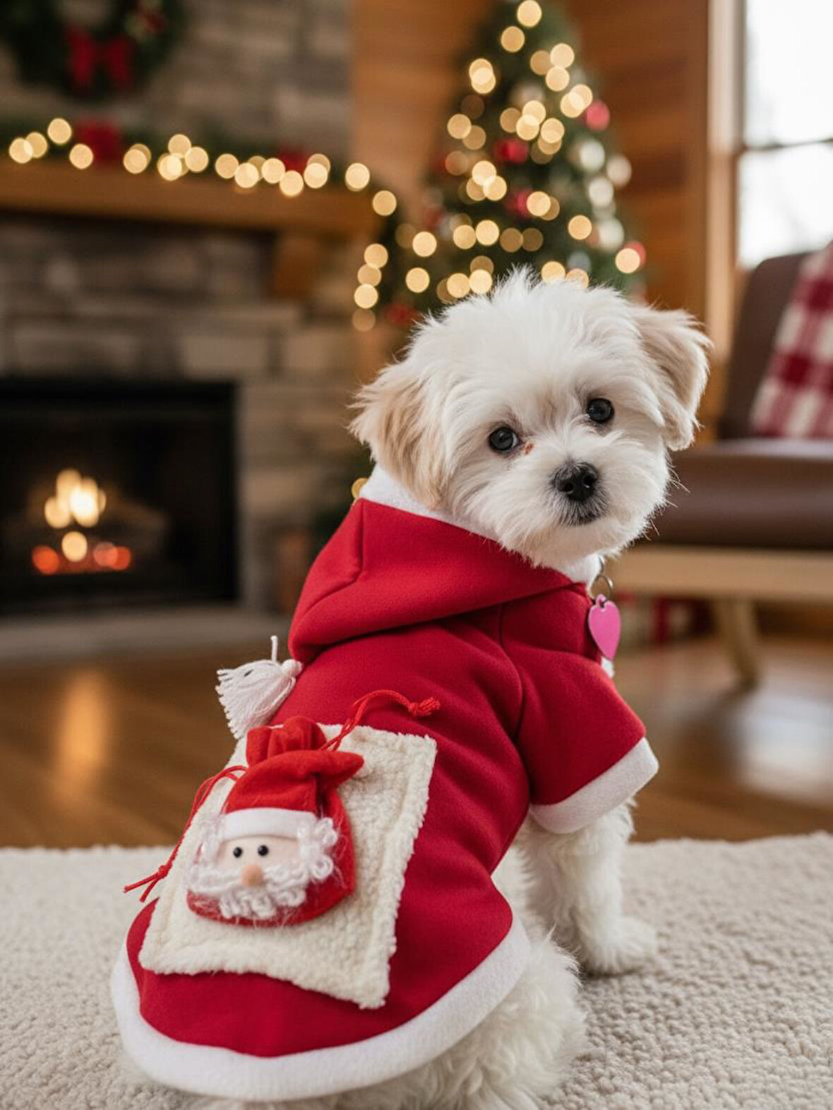 Santa's Bag Yılbaşı Köpek Kıyafeti Premium Kırmızı Polar | Kapüşonlu Noel Köpek Kostümü | Küçük Irklar İçin