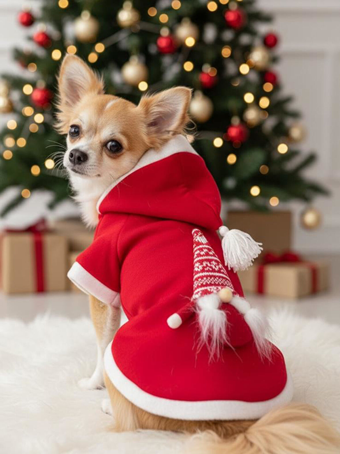  Noel Cücesi Gnome Yılbaşı Köpek Kıyafeti Noel Cücesi Gnome Kırmızı Polar | Kapüşonlu Noel Köpek Sweatshirt | Küçük Irklar İçin