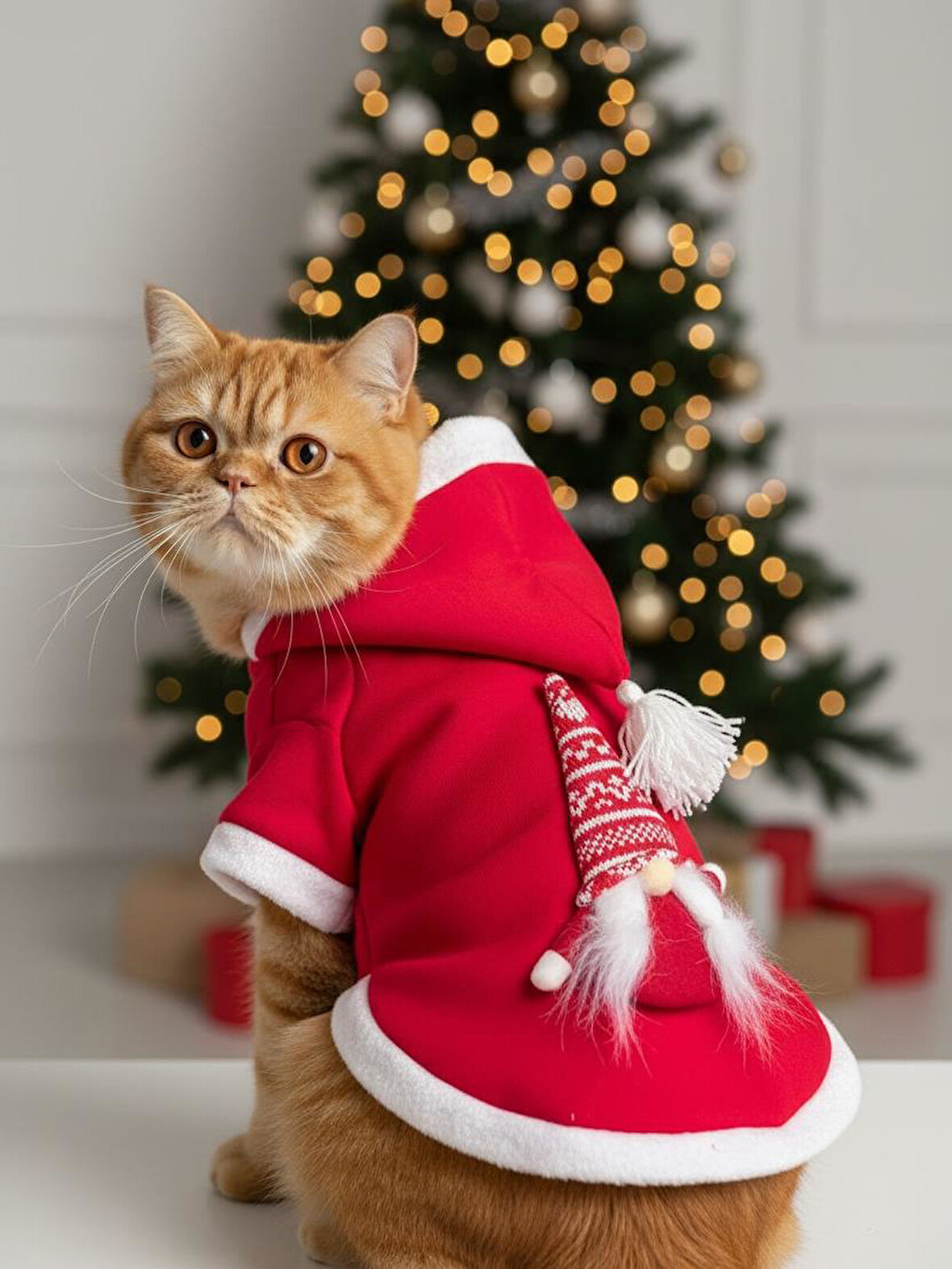 Yılbaşı Cücesi Kırmızı Polar Premium Kedi Kıyafeti | Kapüşonlu Noel Sweatshirt