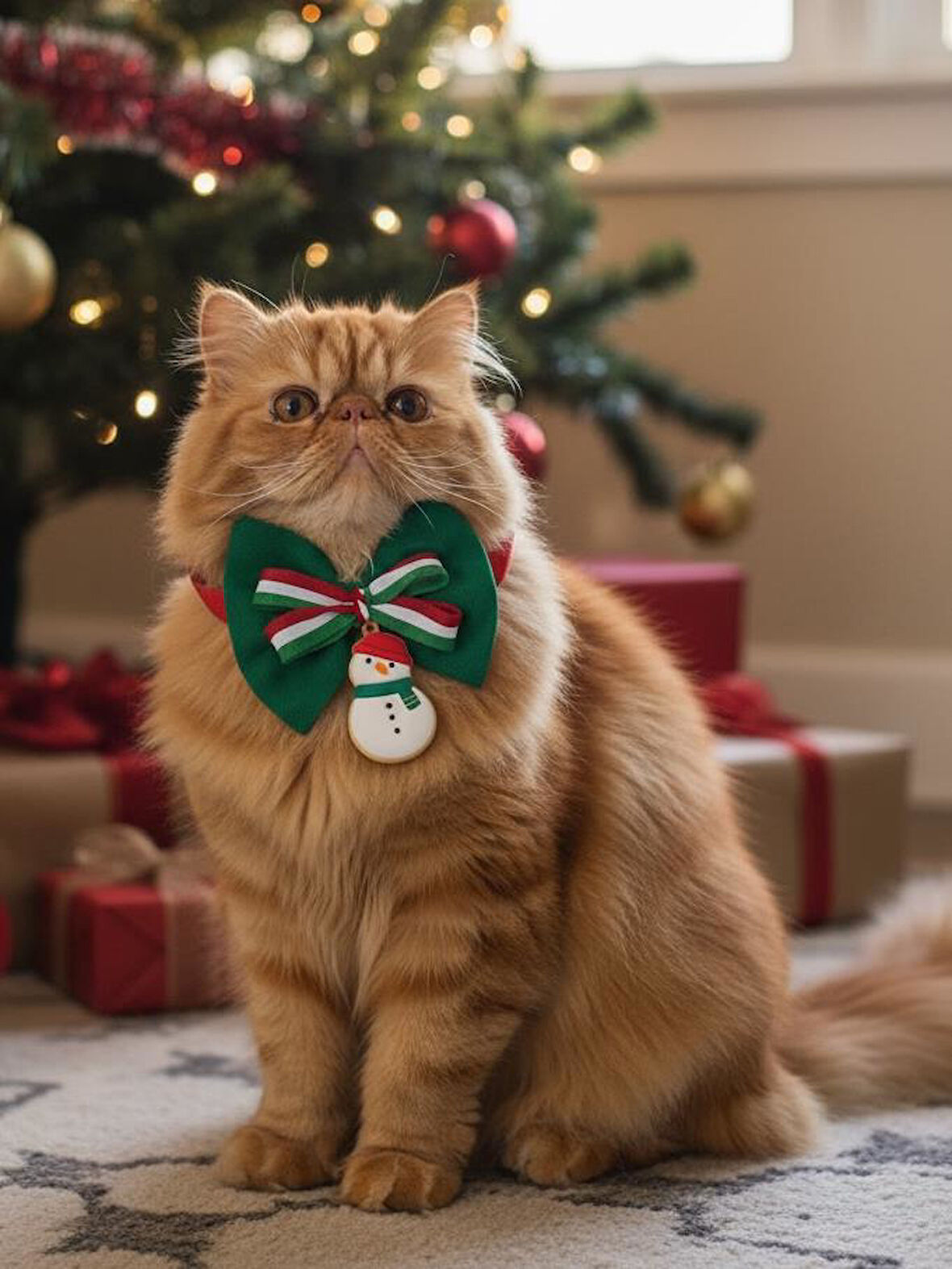 Kardan Adam Kedi Papyon Tasması | Yeşil Kırmızı Fiyonk Boyun Aksesuarı | Noel Temalı Kedi Süsü