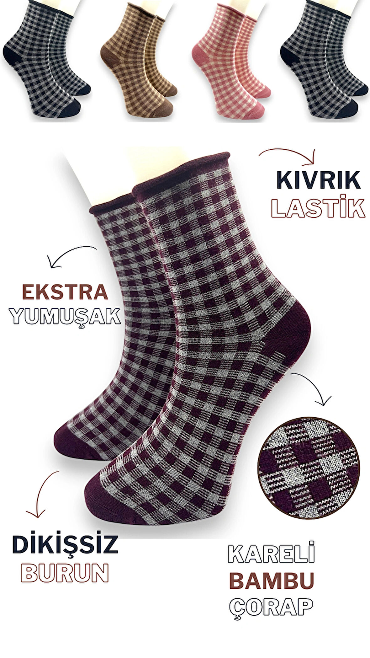 CİHO SOCKS Premium 5 Çift Bambu Kadın Dikişsiz Kareli Lastiksiz Roll Top İz Bırakmaz Soket Çorap