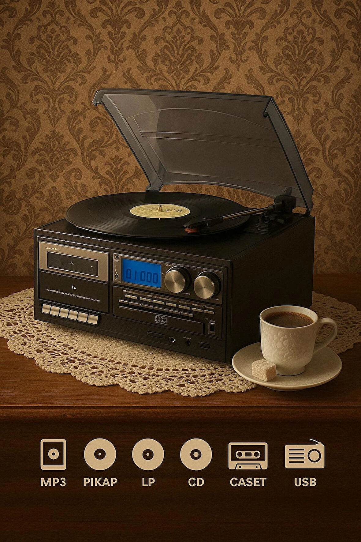 KN-110 Vintage Plak CD Kaset USB Bluetooth TF AUX Özelikli Pikap