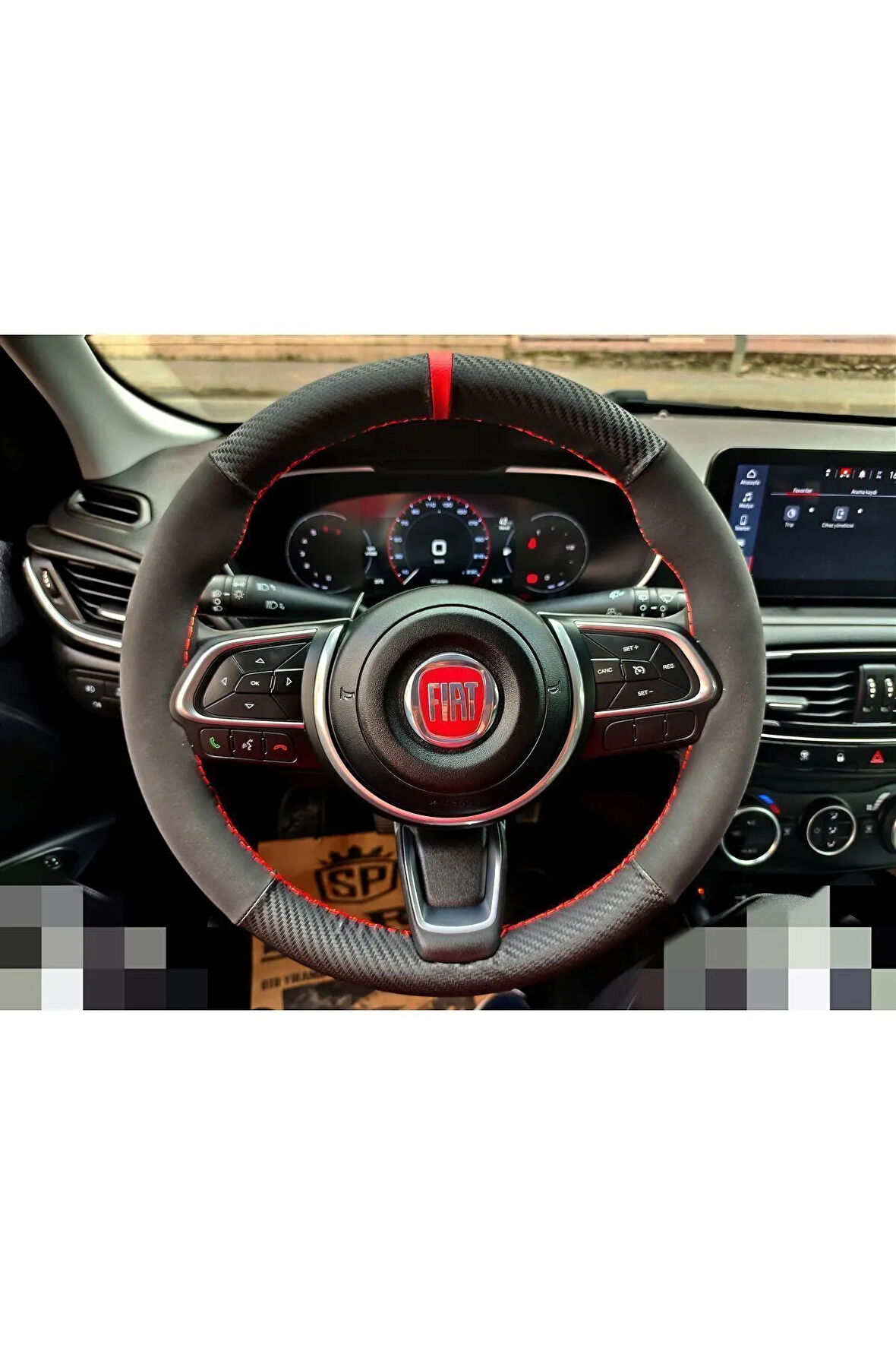 DİKİŞLİ DERİ DİREKSİYON KILIFI KARBON NUBUK KIRMIZI YÜZÜK KIRMIZI DİKİŞ HIZLI KARGO