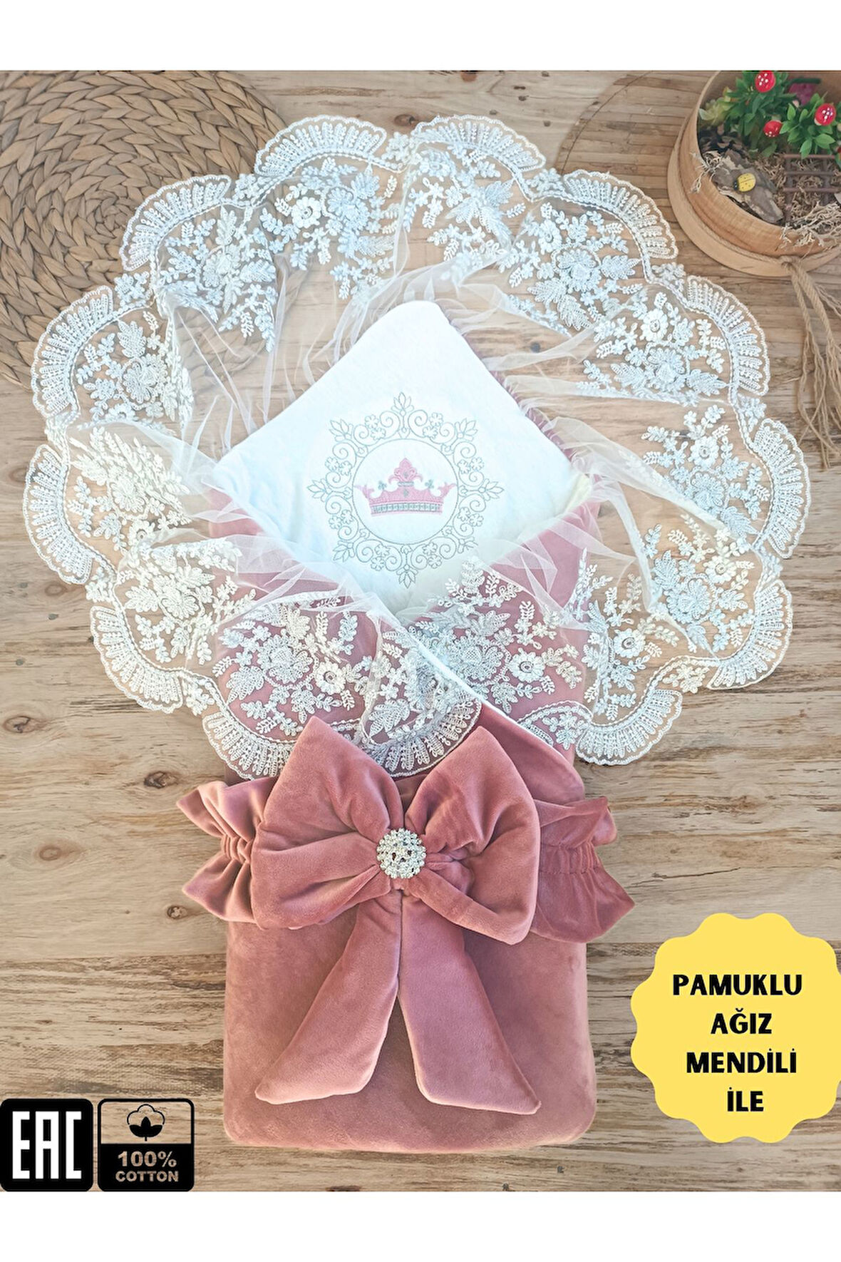 Kadife Bebek Battaniyesi Dantelli Kundak Hastane Çıkışı Yenidoğan %100 Doğal Pamuktan Hediyelik