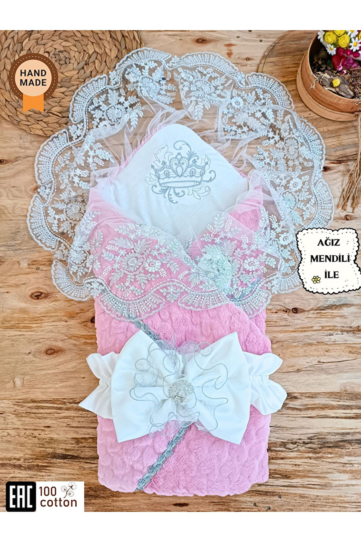 Kışlık Bebek Dış Kundak Battaniyesi Dantelli Pembe Bebek Kundağı Unisex Hastane Çıkışı Mevlütlük