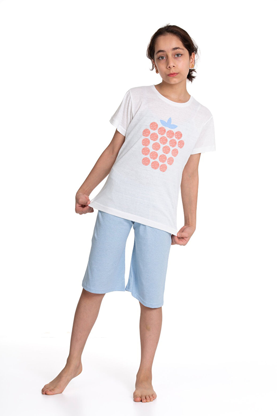 Çilek Baskılı Kız Çocuk Kısa Kollu Pijama Takım 197-1