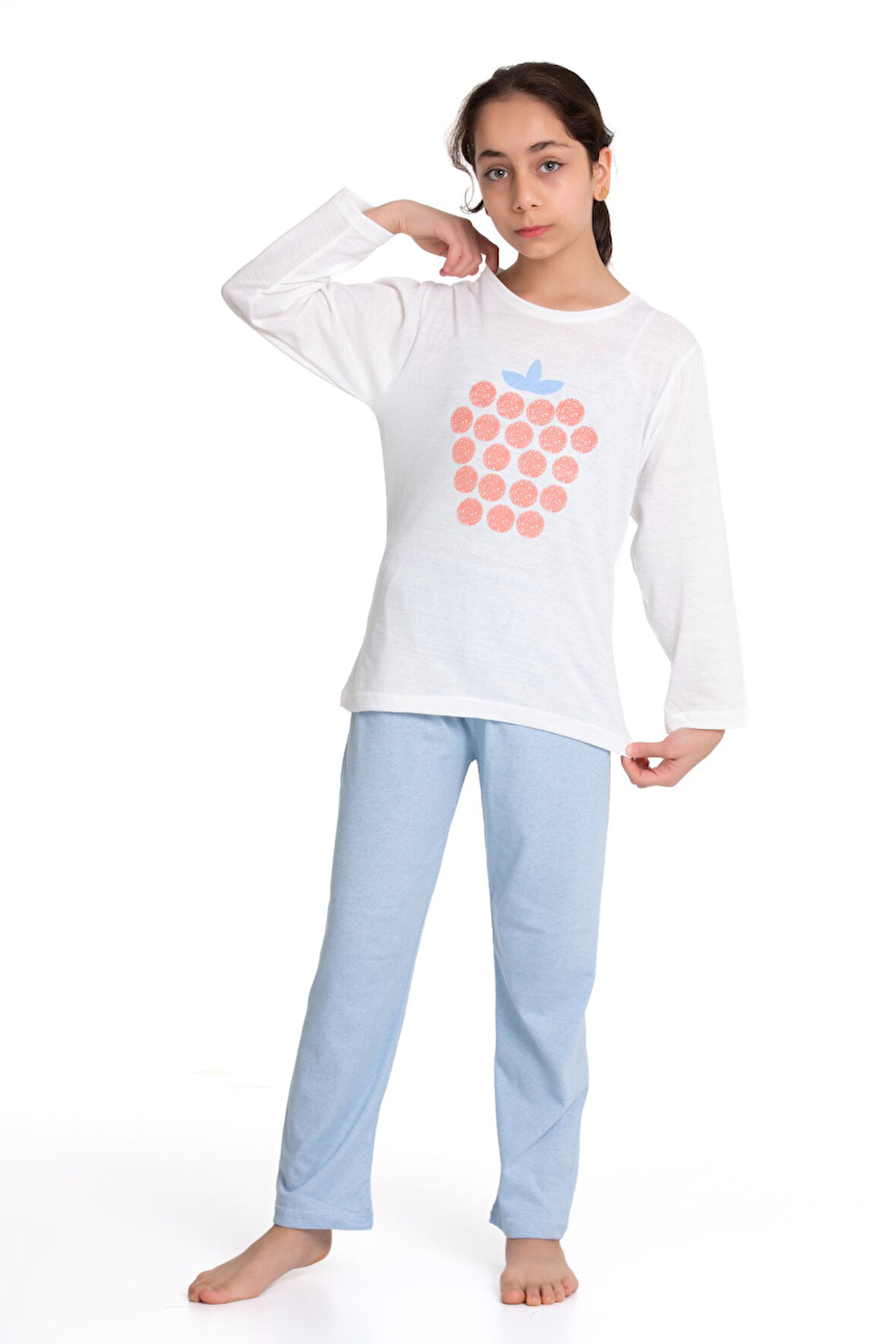 Çilek Baskılı Kız Çocuk Uzun Kollu Pijama Takım 197-2