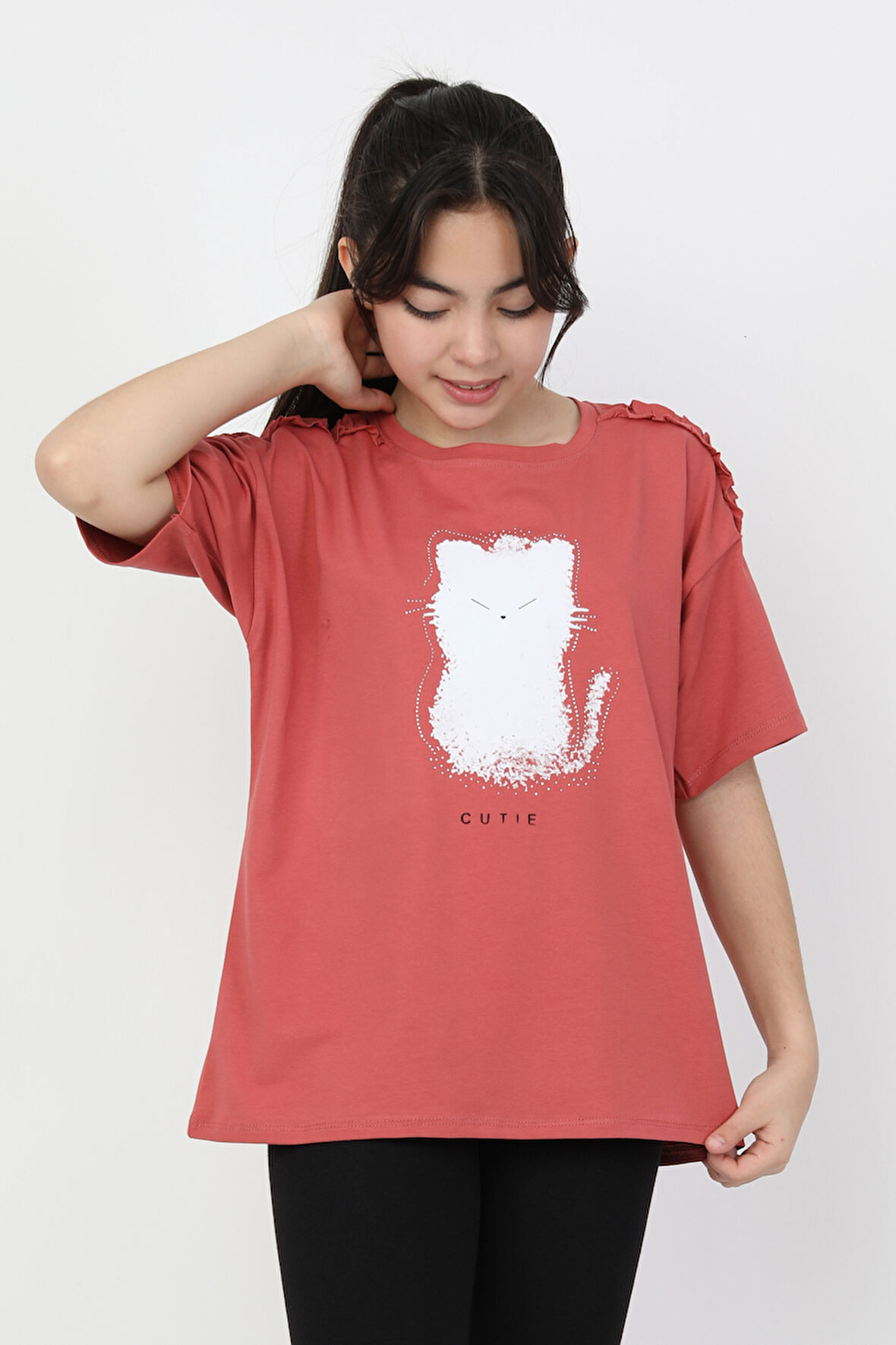 KEDİ BASKILI KISA KOLLU  KIZ TİŞÖRT 3732