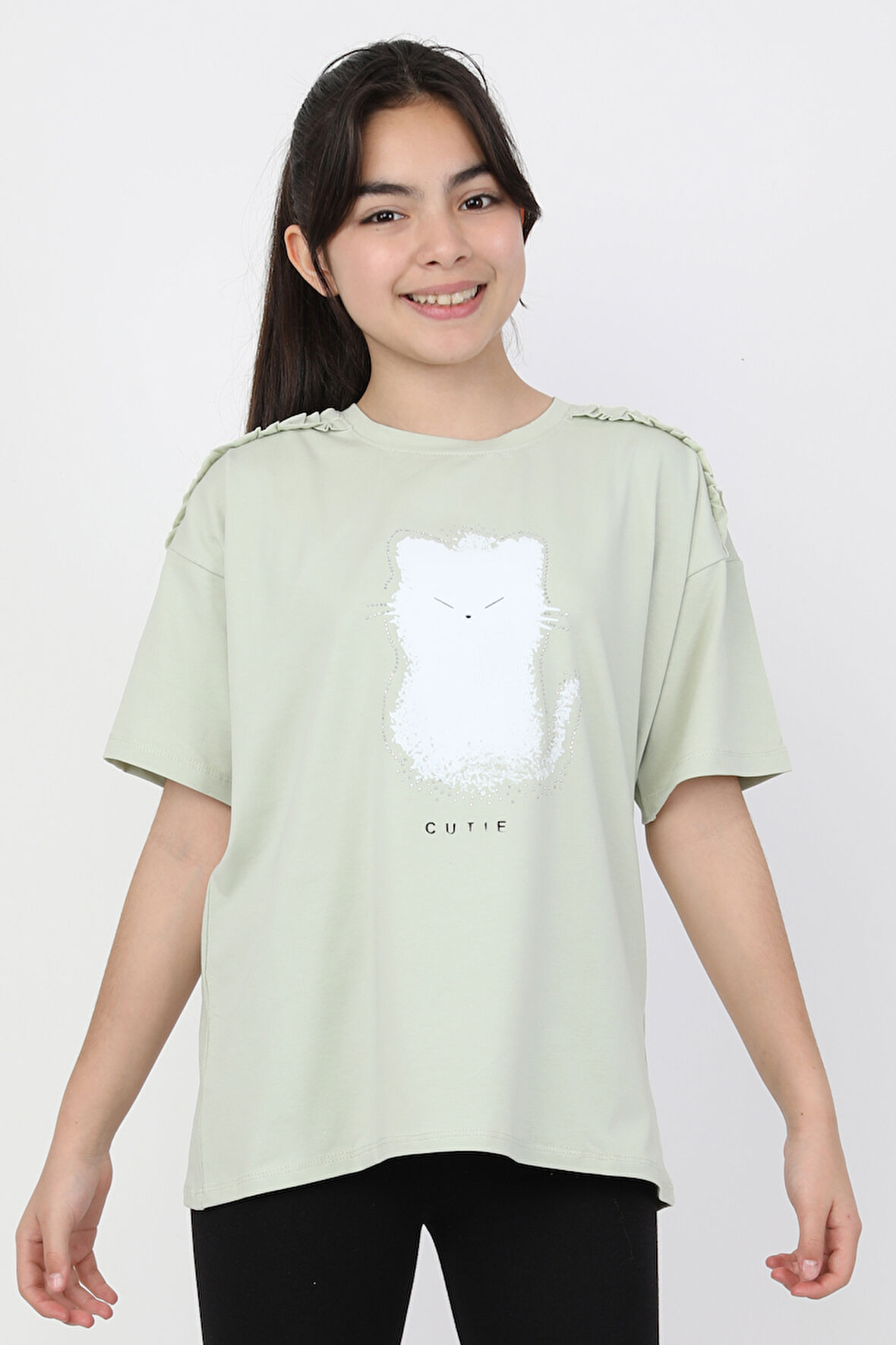 KEDİ BASKILI KISA KOLLU  KIZ TİŞÖRT 3732