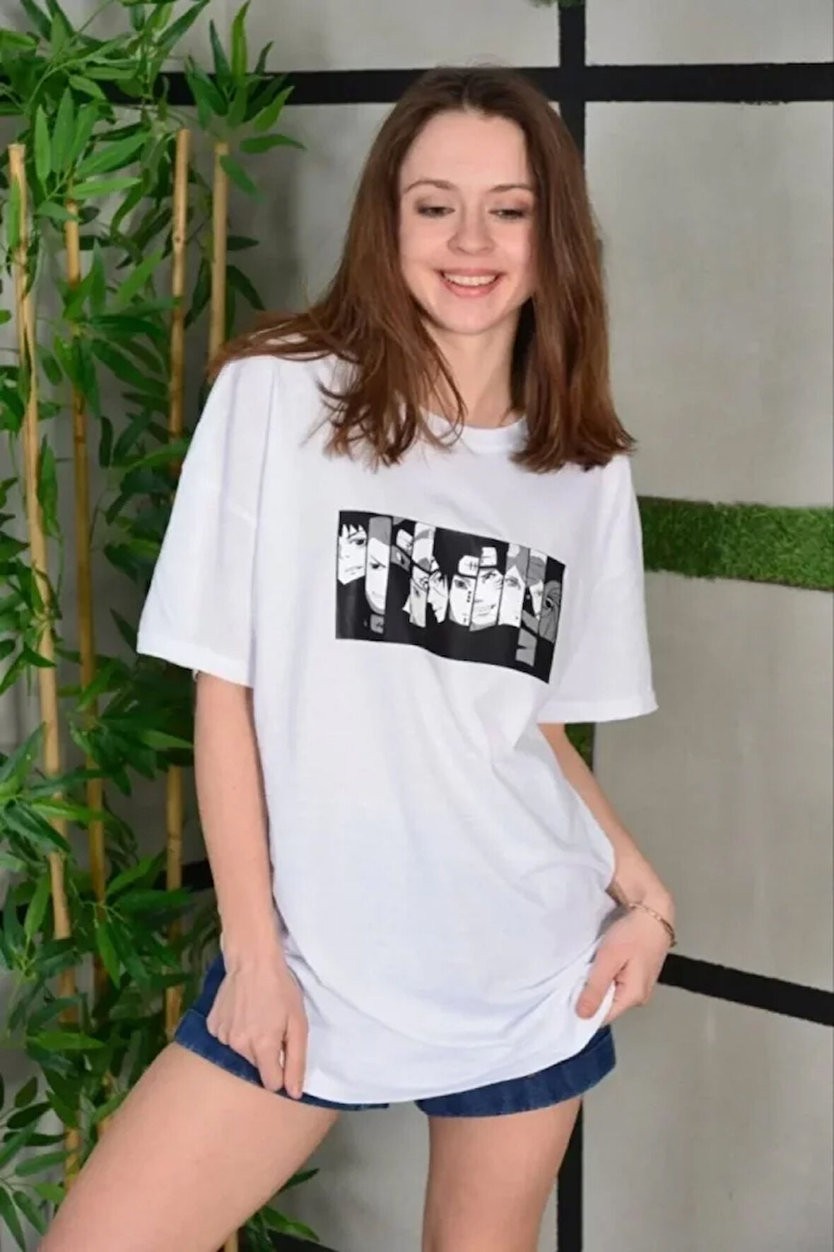 kinoedze Unisex Bisiklet Yaka Baskılı Oversize T-Shirt - Beyaz