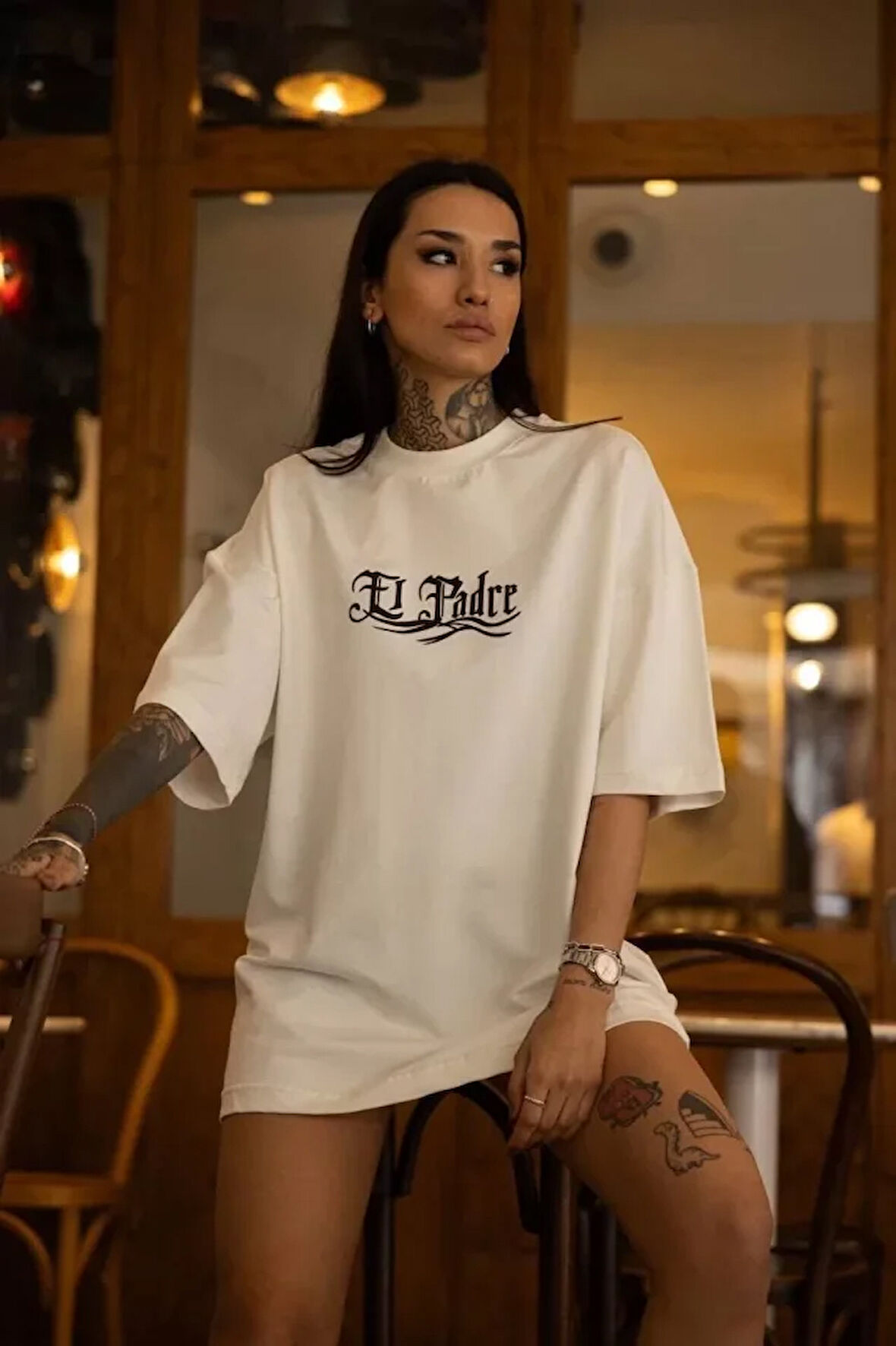 kinoedze Unisex Bisiklet Yaka Baskılı Oversize T-Shirt - Beyaz