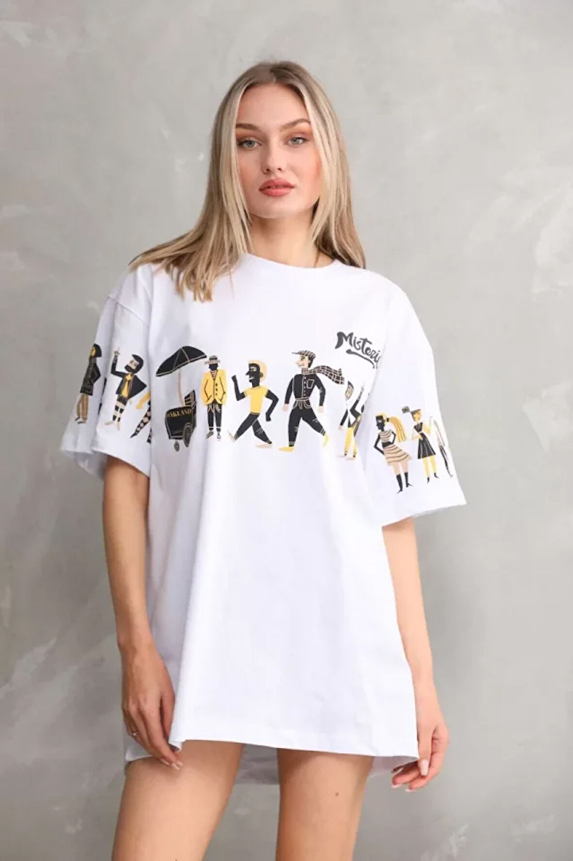 kinoedze Unisex Bisiklet Yaka Baskılı Oversize T-Shirt - Beyaz