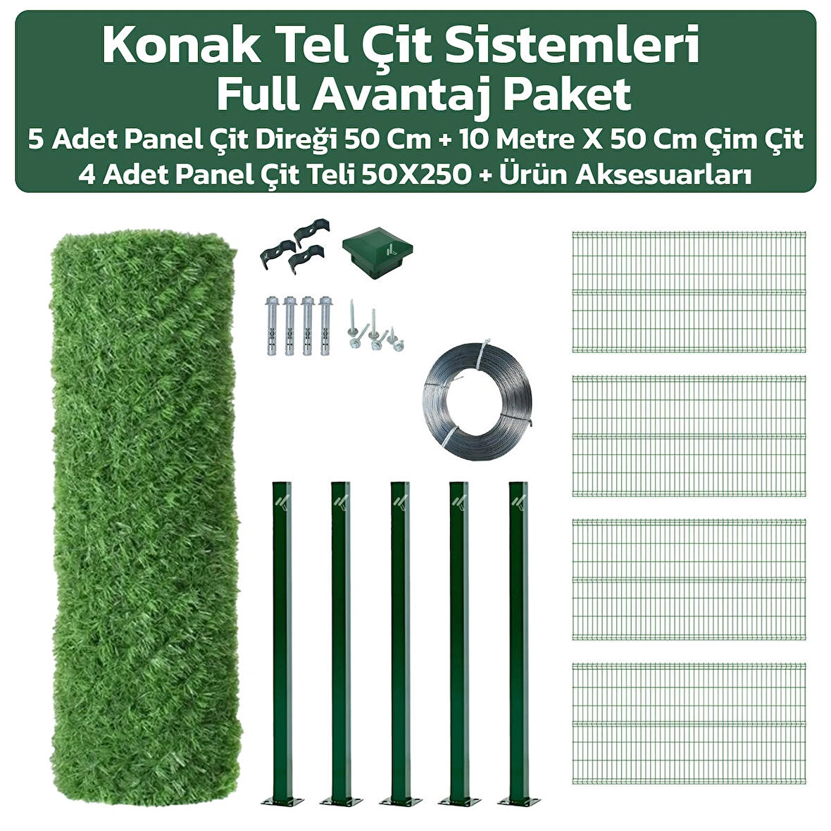 KONAK TEL ÇİT SİSTEMLERİ FULL AVANTAJ 50 CM 10 METRE ÇİM ÇİT + 4 ADET PANEL (ÇİT 50X250 CM) + 4 ADET PANEL ÇİT DİREĞİ(50 CM) + GERGİ TELİ