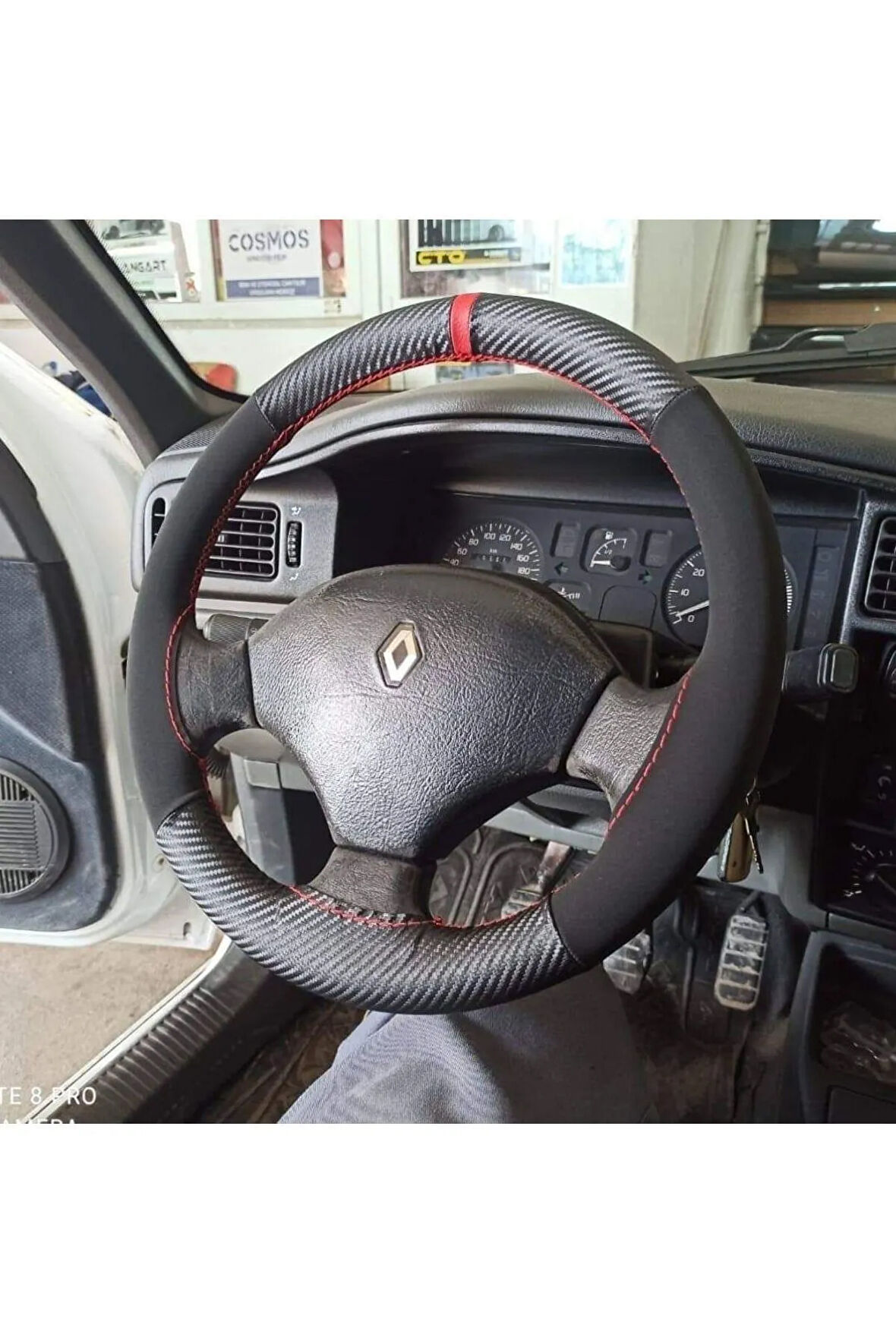 DİKİŞLİ DERİ DİREKSİYON KILIFI KARBON NUBUK KIRMIZI YÜZÜK KIRMIZI RENAULT DİKİŞ HIZLI KARGO