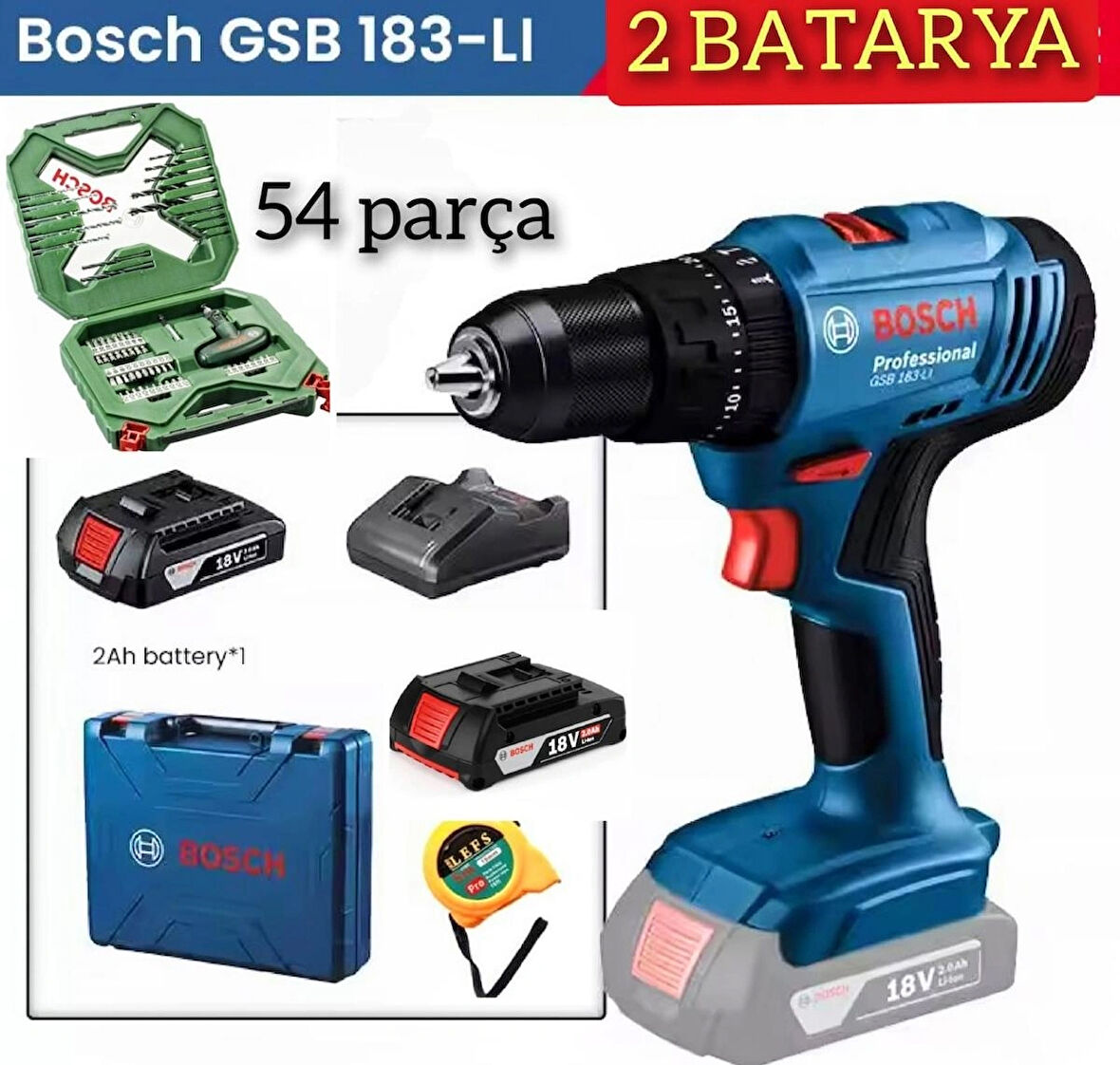 BOSCH Gsb 183 Li 2 Ah Çift Bataryalı Darbeli Akülü Vidalama ve Bosch 54 Parça Aksesuar Seti